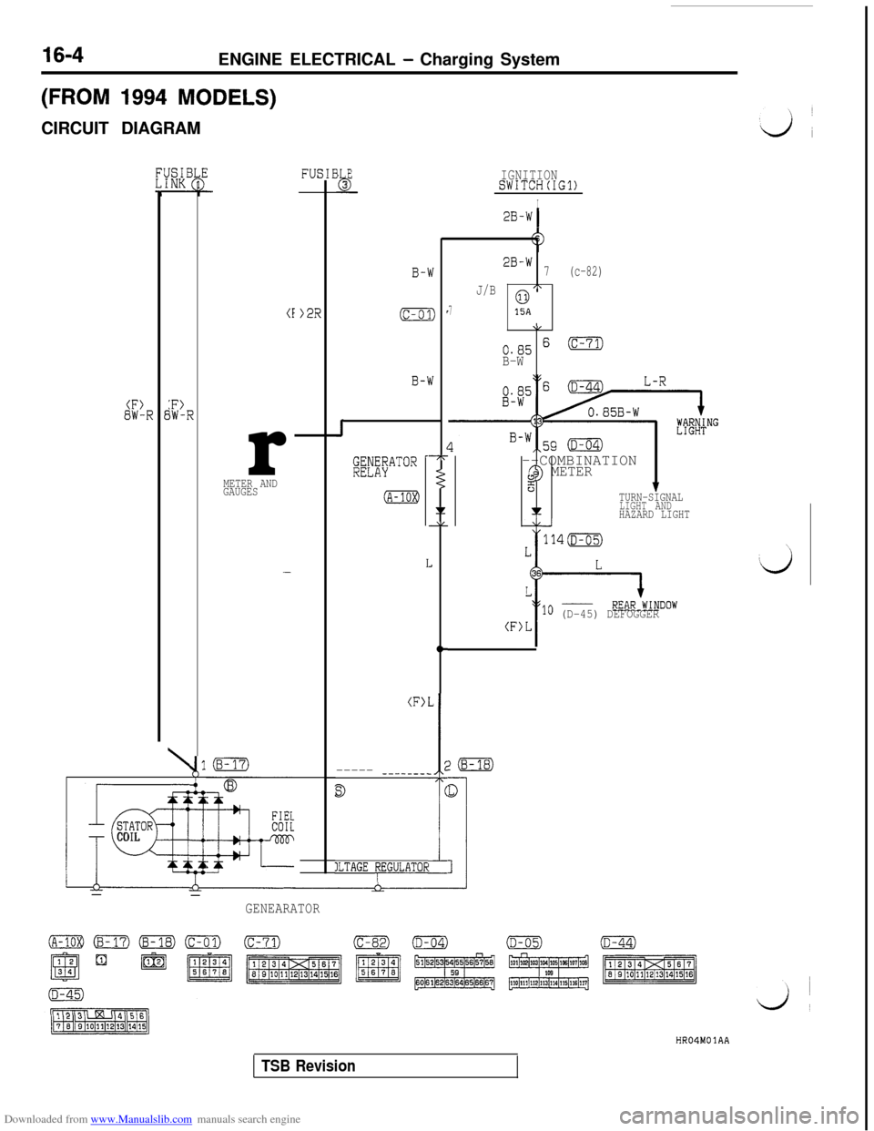 MITSUBISHI 3000GT 1995 2.G Owners Guide Downloaded from www.Manualslib.com manuals search engine 16-4ENGINE ELECTRICAL - Charging System
(FROM 1994 MODELS)CIRCUIT DIAGRAM
(F)8W-:F>IW-F
\
1
1-8
COIL
-
i
~
i
-
(Ir
METER AND
GAUGES
-
3 Eb3-
B-