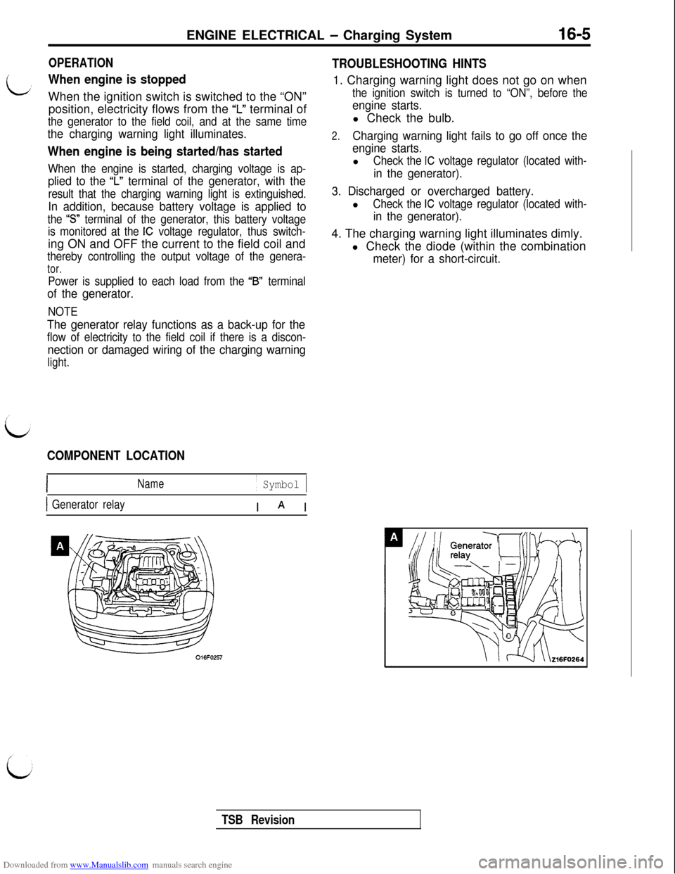 MITSUBISHI 3000GT 1992 2.G Workshop Manual Downloaded from www.Manualslib.com manuals search engine ENGINE ELECTRICAL - Charging System16-5
OPERATION
When engine is stoppedWhen the ignition switch is switched to the “ON”
position, electric MITSUBISHI 3000GT 1992 2.G Workshop Manual Downloaded from www.Manualslib.com manuals search engine ENGINE ELECTRICAL - Charging System16-5
OPERATION
When engine is stoppedWhen the ignition switch is switched to the “ON”
position, electric