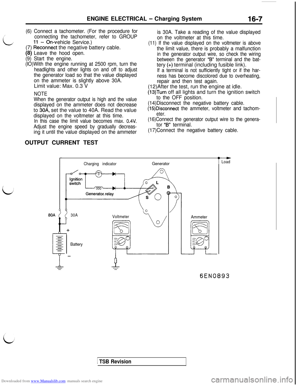 MITSUBISHI 3000GT 1993 2.G Owners Manual Downloaded from www.Manualslib.com manuals search engine ENGINE ELECTRICAL - Charging System16-7/
L
(6) Connect a tachometer. (For the procedure for
connecting the tachometer, refer to GROUP
- On-vehi