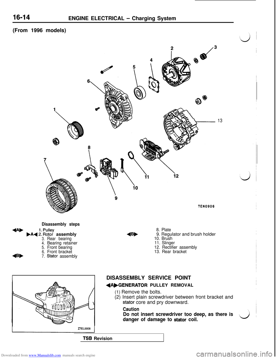 MITSUBISHI 3000GT 1993 2.G Owners Manual Downloaded from www.Manualslib.com manuals search engine 16-14ENGINE ELECTRICAL - Charging System
(From 1996 models)
Disassembly steps
+A,,A+ :: ~%? assembly3.Rear bearing4.Bearing retainer5.Front bea