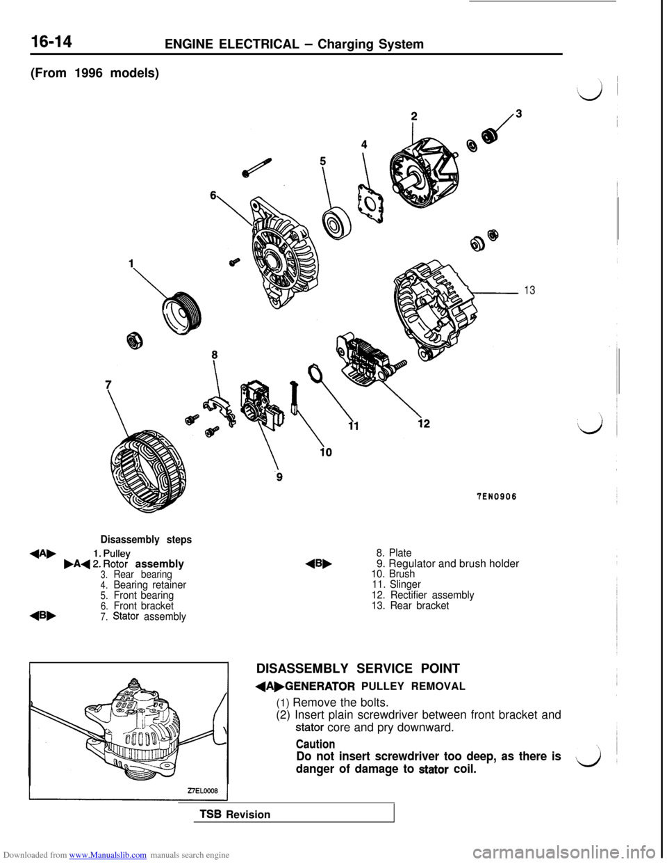 MITSUBISHI 3000GT 1992 2.G Workshop Manual Downloaded from www.Manualslib.com manuals search engine 16-14ENGINE ELECTRICAL - Charging System
(From 1996 models)
Disassembly steps
+A,,A+ :: ~%? assembly3.Rear bearing4.Bearing retainer5.Front bea MITSUBISHI 3000GT 1992 2.G Workshop Manual Downloaded from www.Manualslib.com manuals search engine 16-14ENGINE ELECTRICAL - Charging System
(From 1996 models)
Disassembly steps
+A,,A+ :: ~%? assembly3.Rear bearing4.Bearing retainer5.Front bea