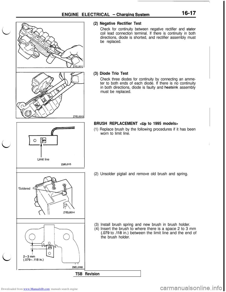 MITSUBISHI 3000GT 1993 2.G Owners Manual Downloaded from www.Manualslib.com manuals search engine ENGINE ELECTRICAL - Charging System16-17
Limit line
WELO
,Soldered
27EL0014
(2) Negative Rectifier Test
Check for continuity between negative r