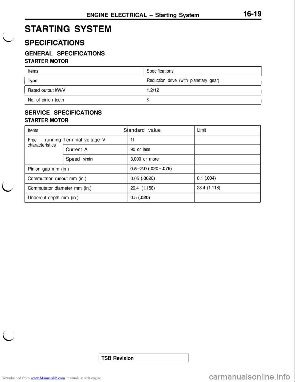 MITSUBISHI 3000GT 1992 2.G Workshop Manual Downloaded from www.Manualslib.com manuals search engine ENGINE ELECTRICAL - Starting System16-19
L/J
STARTING SYSTEM
SPECIFICATIONSGENERAL SPECIFICATIONS
STARTER MOTOR
ItemsSpecifications
L
ITypeRedu MITSUBISHI 3000GT 1992 2.G Workshop Manual Downloaded from www.Manualslib.com manuals search engine ENGINE ELECTRICAL - Starting System16-19
L/J
STARTING SYSTEM
SPECIFICATIONSGENERAL SPECIFICATIONS
STARTER MOTOR
ItemsSpecifications
L
ITypeRedu