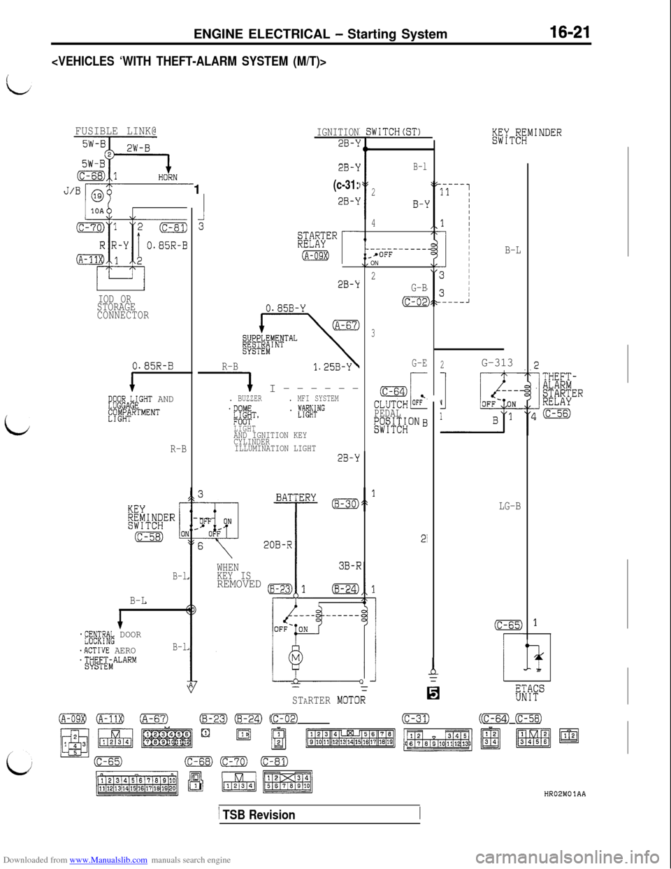 MITSUBISHI 3000GT 1992 2.G Workshop Manual Downloaded from www.Manualslib.com manuals search engine ENGINE ELECTRICAL - Starting System16-21
<VEHICLES ‘WITH THEFT-ALARM SYSTEM (M/T)>
FUSIBLE LINK@
zJ==%~,
IGNITION
2B-k
iWITCH
B-L
B-l
2
B-j
4 MITSUBISHI 3000GT 1992 2.G Workshop Manual Downloaded from www.Manualslib.com manuals search engine ENGINE ELECTRICAL - Starting System16-21
<VEHICLES ‘WITH THEFT-ALARM SYSTEM (M/T)>
FUSIBLE LINK@
zJ==%~,
IGNITION
2B-k
iWITCH
B-L
B-l
2
B-j
4