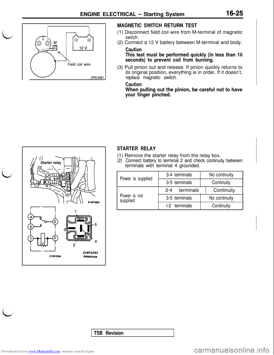 MITSUBISHI 3000GT 1992 2.G Workshop Manual Downloaded from www.Manualslib.com manuals search engine ENGINE ELECTRICAL - Starting System16-25
L
Field coil wire27EL0021216Fo264
00002526
MAGNETIC SWITCH RETURN TEST(1) Disconnect field coil wire f MITSUBISHI 3000GT 1992 2.G Workshop Manual Downloaded from www.Manualslib.com manuals search engine ENGINE ELECTRICAL - Starting System16-25
L
Field coil wire27EL0021216Fo264
00002526
MAGNETIC SWITCH RETURN TEST(1) Disconnect field coil wire f