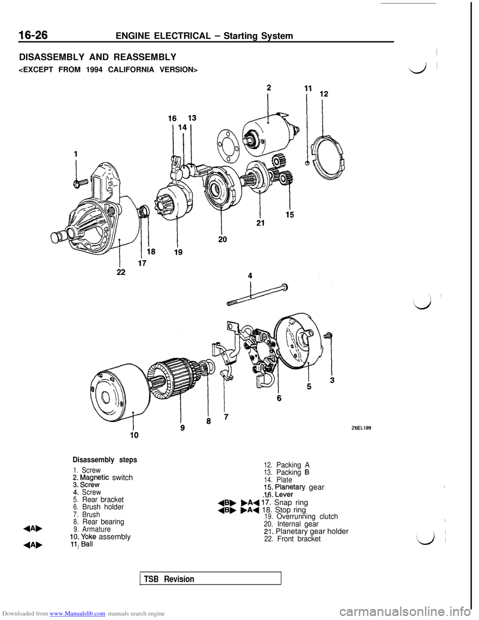MITSUBISHI 3000GT 1994 2.G Workshop Manual Downloaded from www.Manualslib.com manuals search engine 16-26ENGINE ELECTRICAL - Starting System
DISASSEMBLY AND REASSEMBLY
I<EXCEPT FROM 1994 CALIFORNIA VERSION>
Lj~
Disassembly steps
1.Screw;. f$gn
