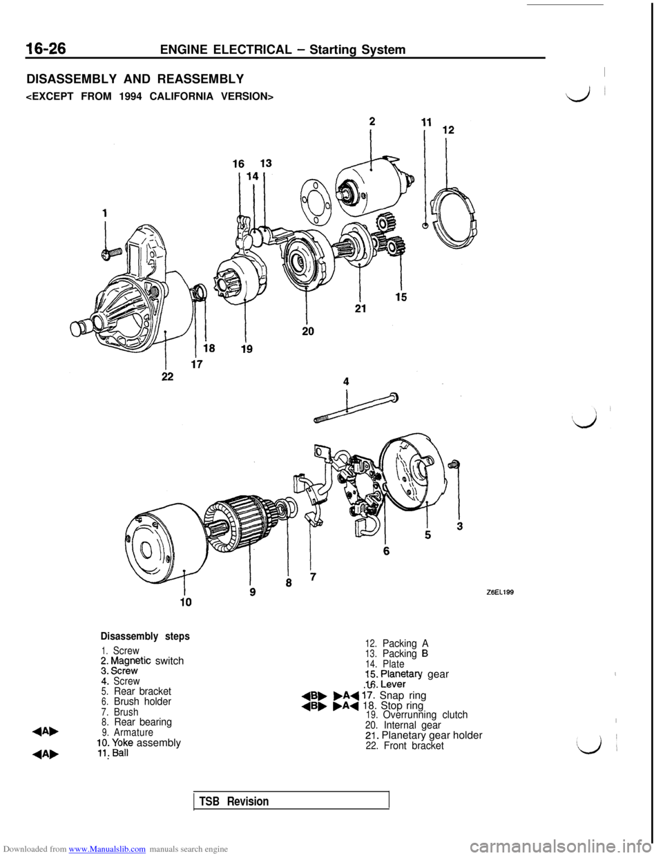 MITSUBISHI 3000GT 1992 2.G Workshop Manual Downloaded from www.Manualslib.com manuals search engine 16-26ENGINE ELECTRICAL - Starting System
DISASSEMBLY AND REASSEMBLY
I<EXCEPT FROM 1994 CALIFORNIA VERSION>
Lj~
Disassembly steps
1.Screw;. f$gn MITSUBISHI 3000GT 1992 2.G Workshop Manual Downloaded from www.Manualslib.com manuals search engine 16-26ENGINE ELECTRICAL - Starting System
DISASSEMBLY AND REASSEMBLY
I<EXCEPT FROM 1994 CALIFORNIA VERSION>
Lj~
Disassembly steps
1.Screw;. f$gn