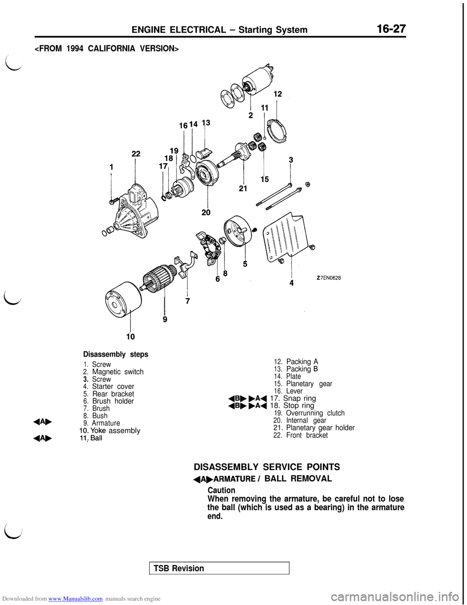MITSUBISHI 3000GT 1992 2.G Workshop Manual Downloaded from www.Manualslib.com manuals search engine ENGINE ELECTRICAL - Starting System16-27
<FROM 1994 CALIFORNIA VERSION>
27EN0628
10
Disassembly steps
1.Screw2.Magnetic switch3.Screw4.Starter MITSUBISHI 3000GT 1992 2.G Workshop Manual Downloaded from www.Manualslib.com manuals search engine ENGINE ELECTRICAL - Starting System16-27
<FROM 1994 CALIFORNIA VERSION>
27EN0628
10
Disassembly steps
1.Screw2.Magnetic switch3.Screw4.Starter