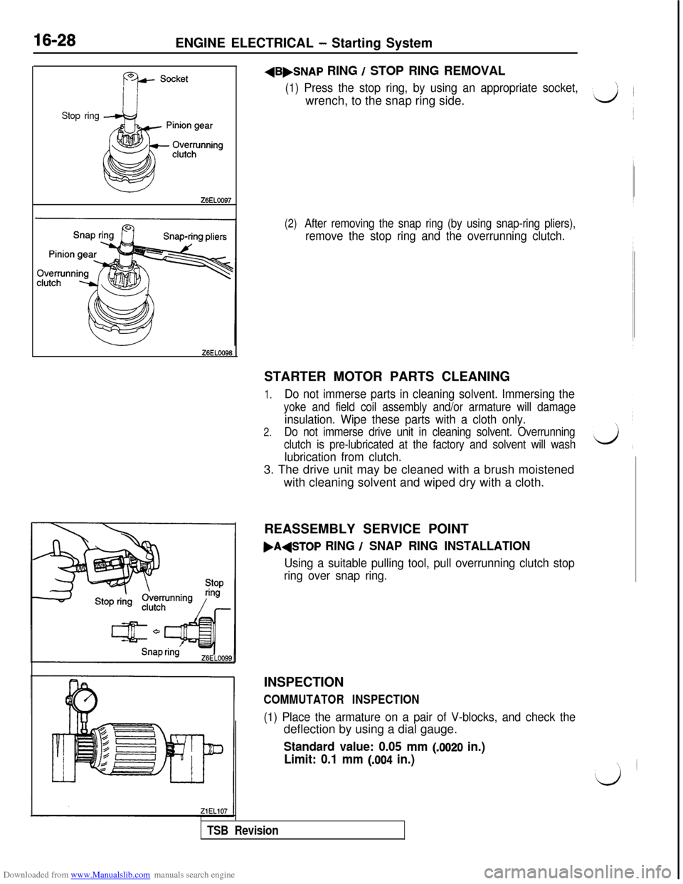 MITSUBISHI 3000GT 1995 2.G Service Manual Downloaded from www.Manualslib.com manuals search engine 16-28ENGINE ELECTRICAL - Starting System
Stop ringZ6EL0097
Z6ELOO96+B,SNAP
 RING / STOP RING REMOVAL
(1) Press the stop ring, by using an appro