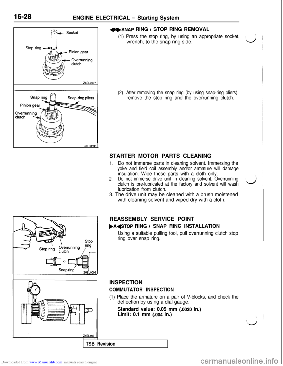 MITSUBISHI 3000GT 1992 2.G Service Manual Downloaded from www.Manualslib.com manuals search engine 16-28ENGINE ELECTRICAL - Starting System
Stop ringZ6EL0097
Z6ELOO96+B,SNAP
RING / STOP RING REMOVAL
(1) Press the stop ring, by using an appro MITSUBISHI 3000GT 1992 2.G Service Manual Downloaded from www.Manualslib.com manuals search engine 16-28ENGINE ELECTRICAL - Starting System
Stop ringZ6EL0097
Z6ELOO96+B,SNAP
RING / STOP RING REMOVAL
(1) Press the stop ring, by using an appro