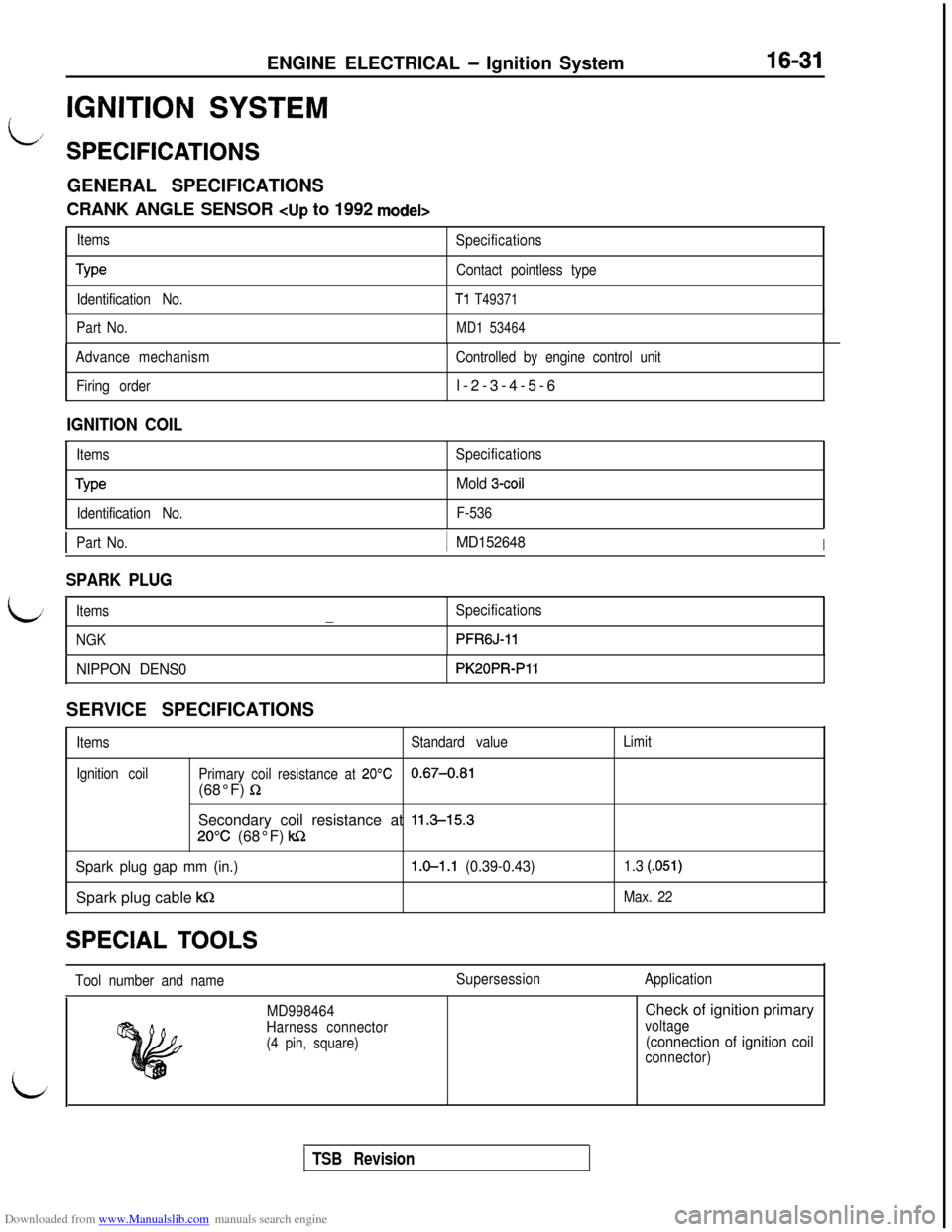 MITSUBISHI 3000GT 1992 2.G Workshop Manual Downloaded from www.Manualslib.com manuals search engine i/ENGINE ELECTRICAL
- Ignition System
IGNITION SYSTEM
16-31
SPECIFICATIONSGENERAL SPECIFICATIONS
CRANK ANGLE SENSOR cup to 1992 model>
Items
S MITSUBISHI 3000GT 1992 2.G Workshop Manual Downloaded from www.Manualslib.com manuals search engine i/ENGINE ELECTRICAL
- Ignition System
IGNITION SYSTEM
16-31
SPECIFICATIONSGENERAL SPECIFICATIONS
CRANK ANGLE SENSOR cup to 1992 model>
Items
S