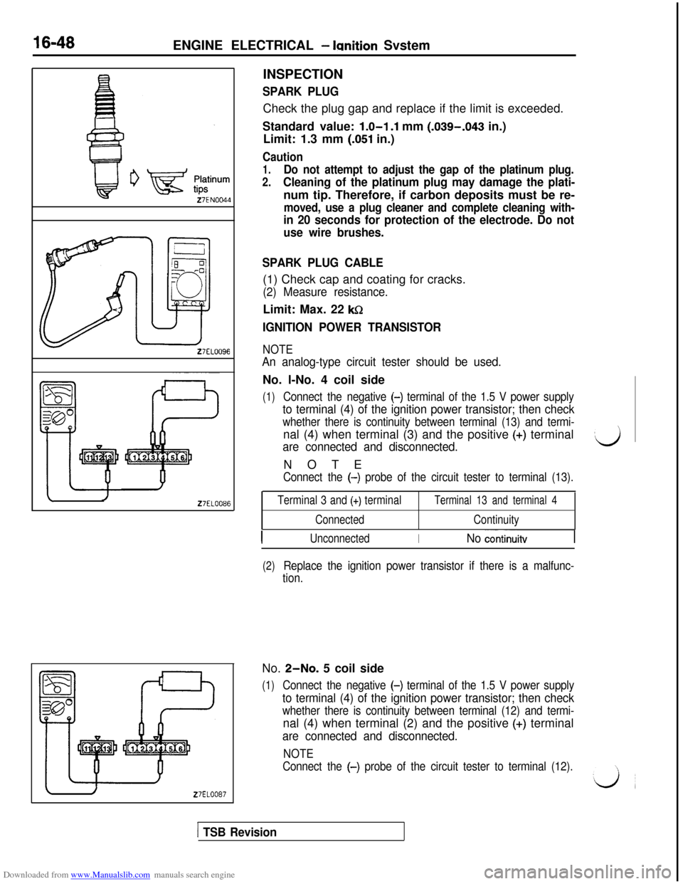 MITSUBISHI 3000GT 1992 2.G Service Manual Downloaded from www.Manualslib.com manuals search engine 16-48ENGINE ELECTRICAL - lanition Svstem
\/27EL0086
/DEL0087INSPECTION
SPARK PLUGCheck the plug gap and replace if the limit is exceeded.
Stand MITSUBISHI 3000GT 1992 2.G Service Manual Downloaded from www.Manualslib.com manuals search engine 16-48ENGINE ELECTRICAL - lanition Svstem
\/27EL0086
/DEL0087INSPECTION
SPARK PLUGCheck the plug gap and replace if the limit is exceeded.
Stand