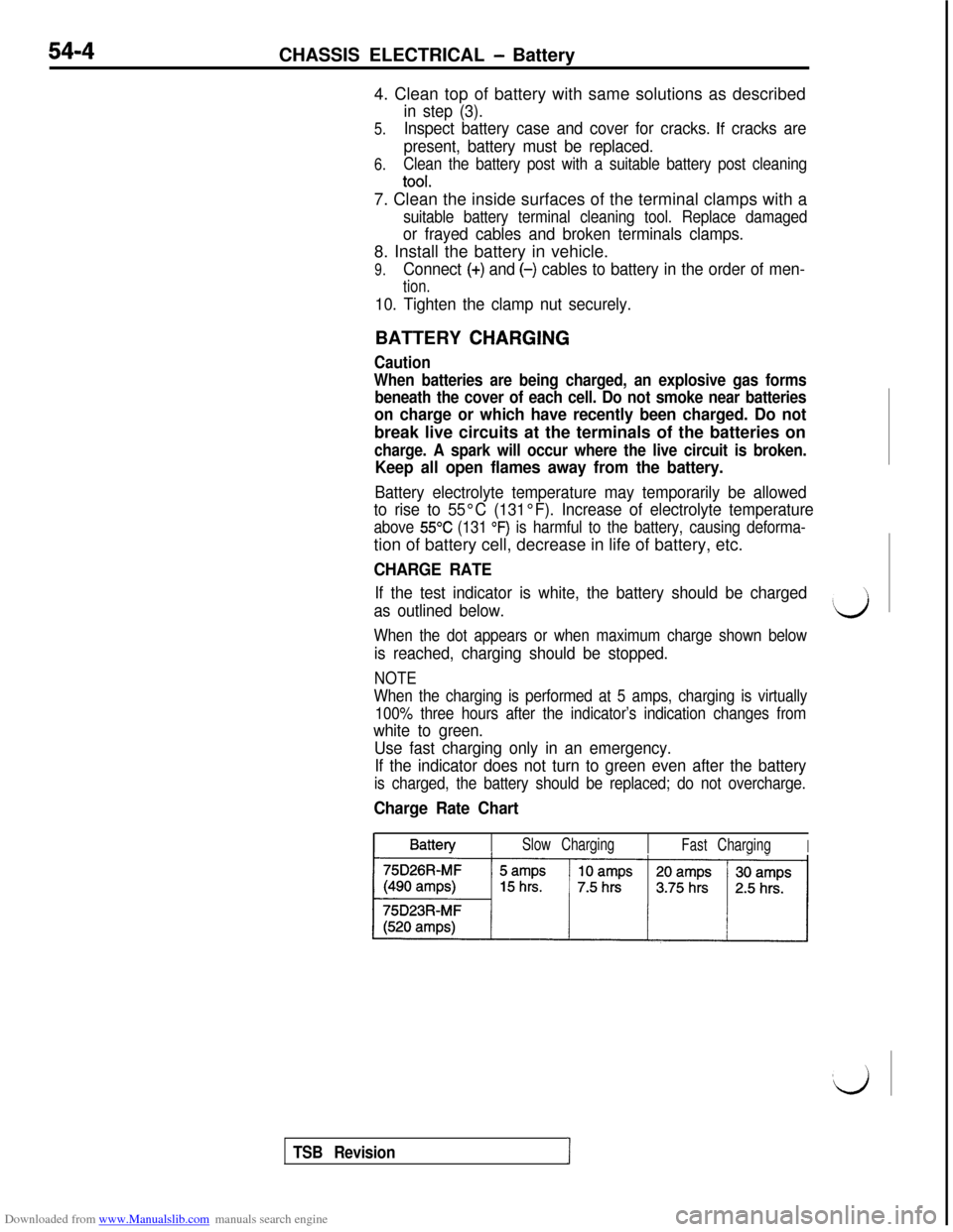 MITSUBISHI 3000GT 1992 2.G Workshop Manual Downloaded from www.Manualslib.com manuals search engine 54-4CHASSIS ELECTRICAL - Battery
4. Clean top of battery with same solutions as described
in step (3).
5.Inspect battery case and cover for cra MITSUBISHI 3000GT 1992 2.G Workshop Manual Downloaded from www.Manualslib.com manuals search engine 54-4CHASSIS ELECTRICAL - Battery
4. Clean top of battery with same solutions as described
in step (3).
5.Inspect battery case and cover for cra