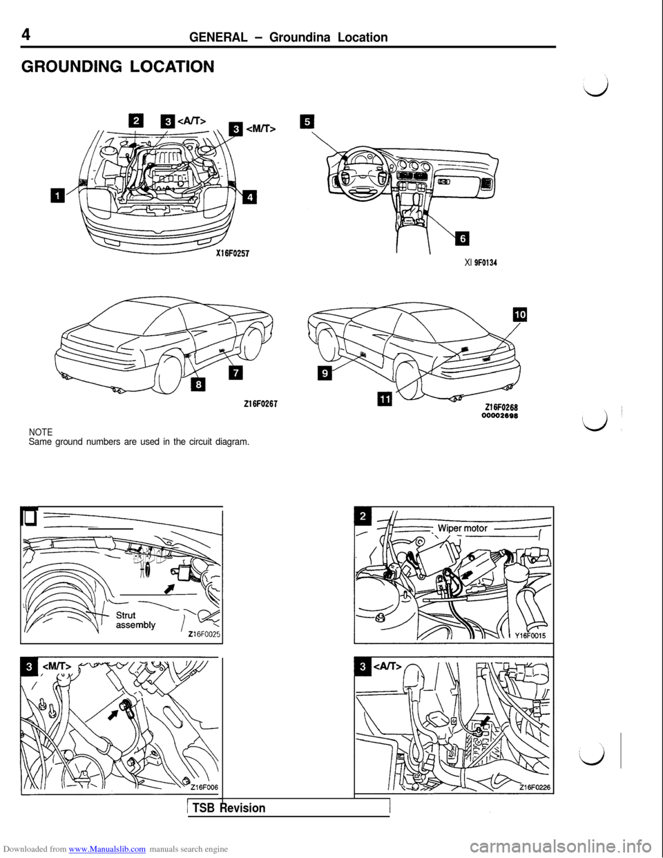 MITSUBISHI 3000GT 1994 2.G Workshop Manual Downloaded from www.Manualslib.com manuals search engine GENERAL -Groundina Location
GROUNDING LOCATION
216FO267
NOTESame ground numbers are used in the circuit diagram.
qZ-\
F
w-.-mt-, -
m
---
i’
~