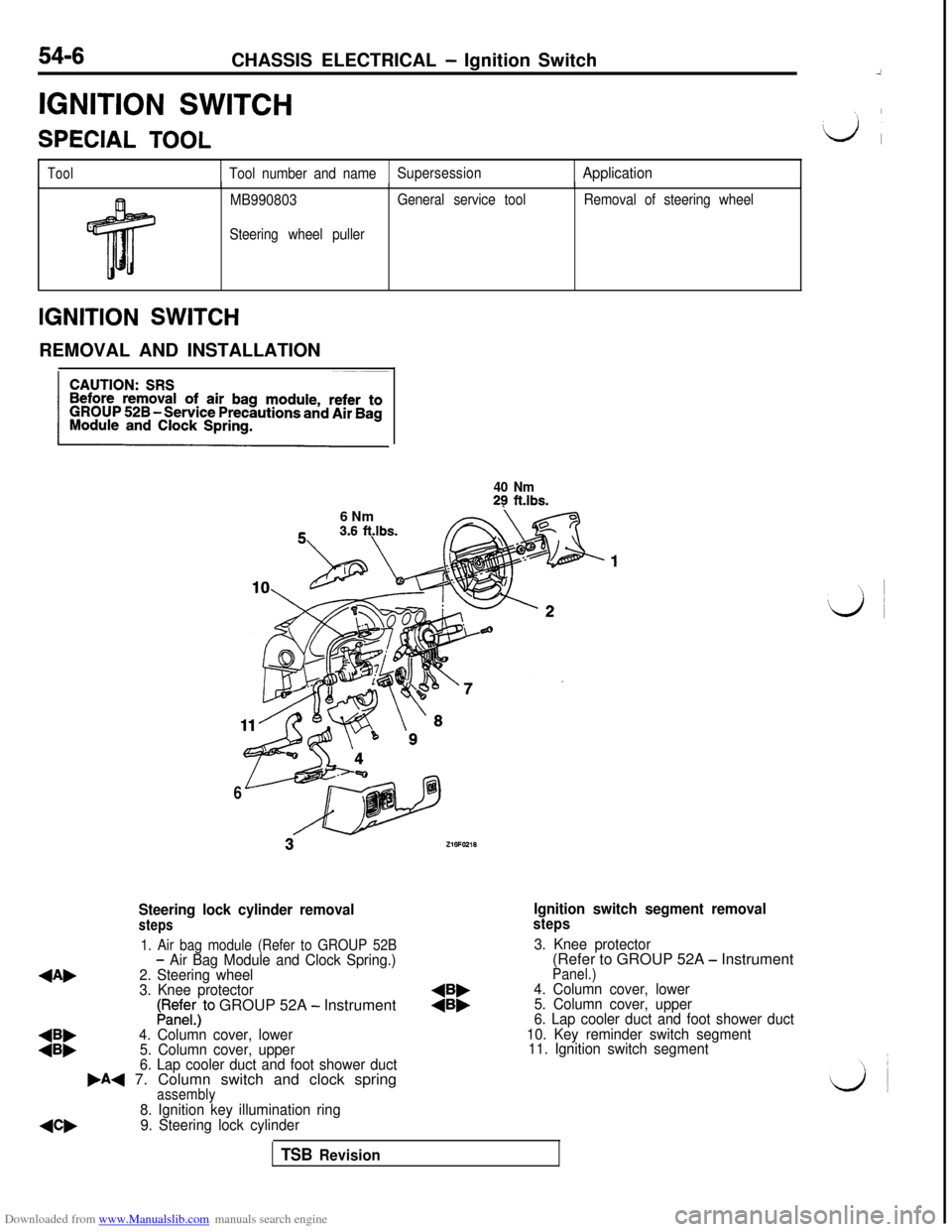 MITSUBISHI 3000GT 1992 2.G Workshop Manual Downloaded from www.Manualslib.com manuals search engine 54-6CHASSIS ELECTRICAL - Ignition Switch
IGNITION SWITCHSPECIAL
 TOOL
ToolTool number and nameSupersessionApplication
MB990803
Steering wheel p