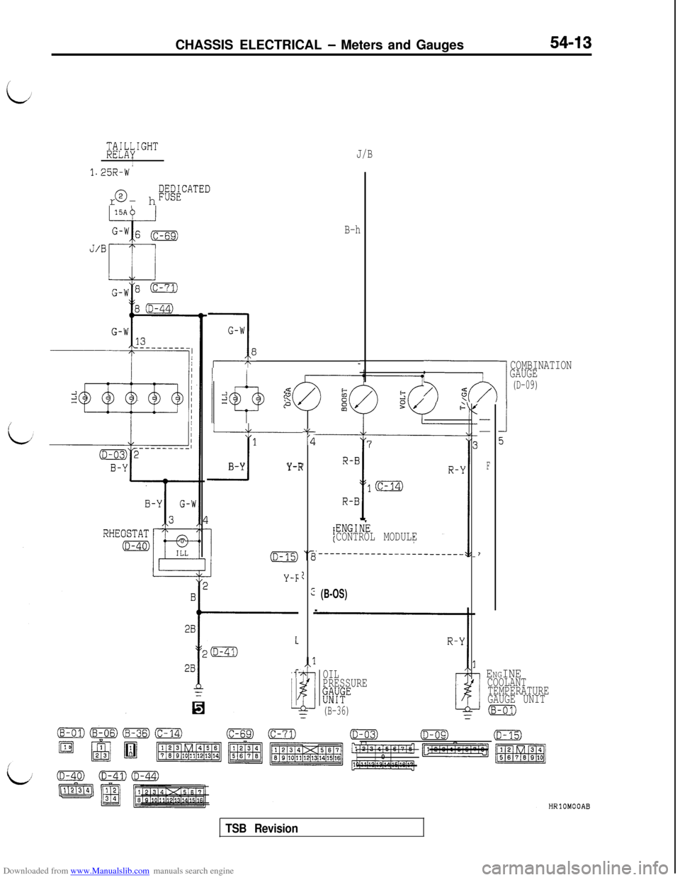 MITSUBISHI 3000GT 1992 2.G Workshop Manual Downloaded from www.Manualslib.com manuals search engine CHASSIS ELECTRICAL - Meters and Gauges54-13
;i;k\IGHT
I1.25R-Wr-h
0;;&CATED
J/B
B-h
A0
1
II----B-YY-R
s2@
>L
(4
/
‘Ei
?
c
.
,%l
(B-OS)
r
-7-l