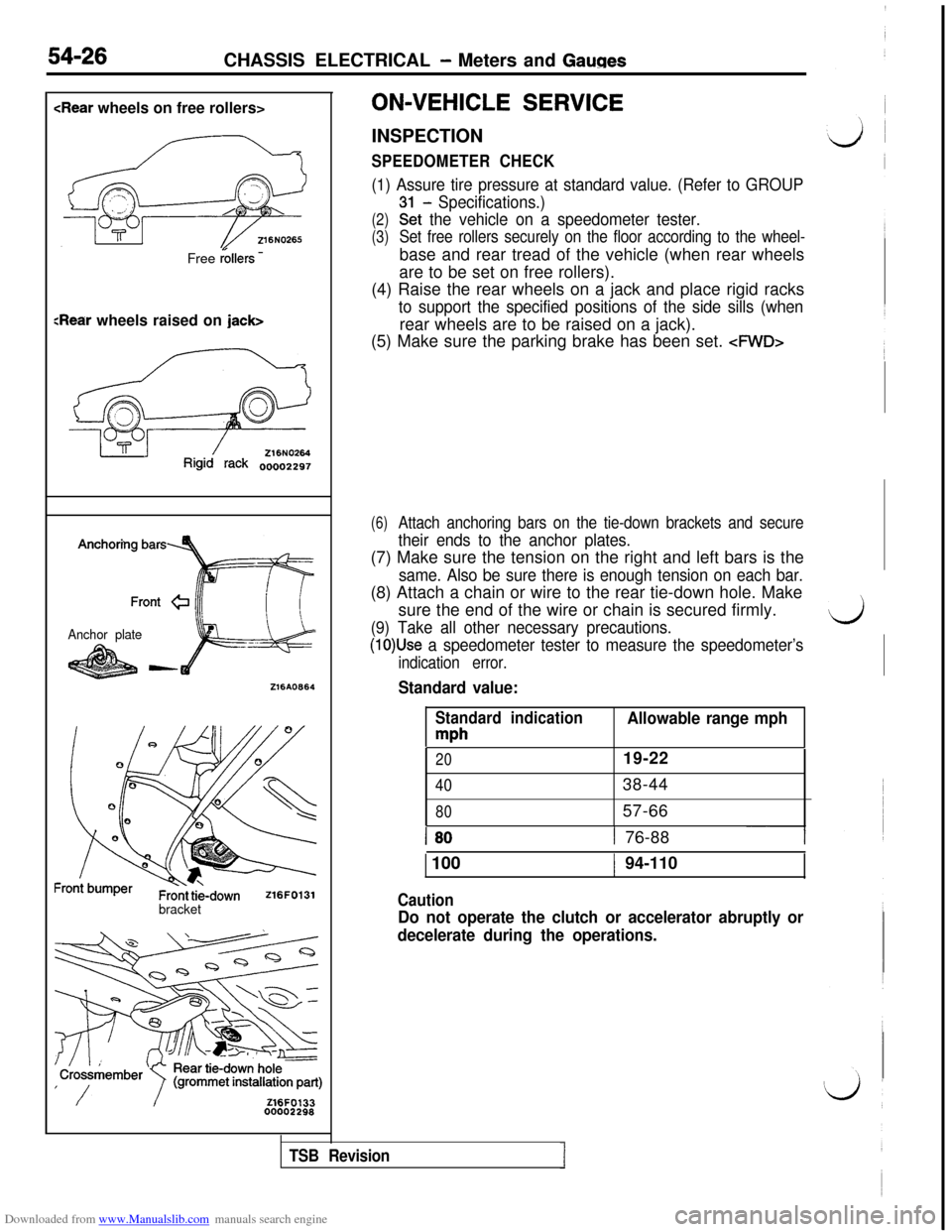 MITSUBISHI 3000GT 1994 2.G Owners Manual Downloaded from www.Manualslib.com manuals search engine 54-26CHASSIS ELECTRICAL - Meters and Gauges
<Rear wheels on free rollers>
Free 
r&Hers -
Sear wheels raised on jack>
?qi&%!g
Rigid rack oooo229