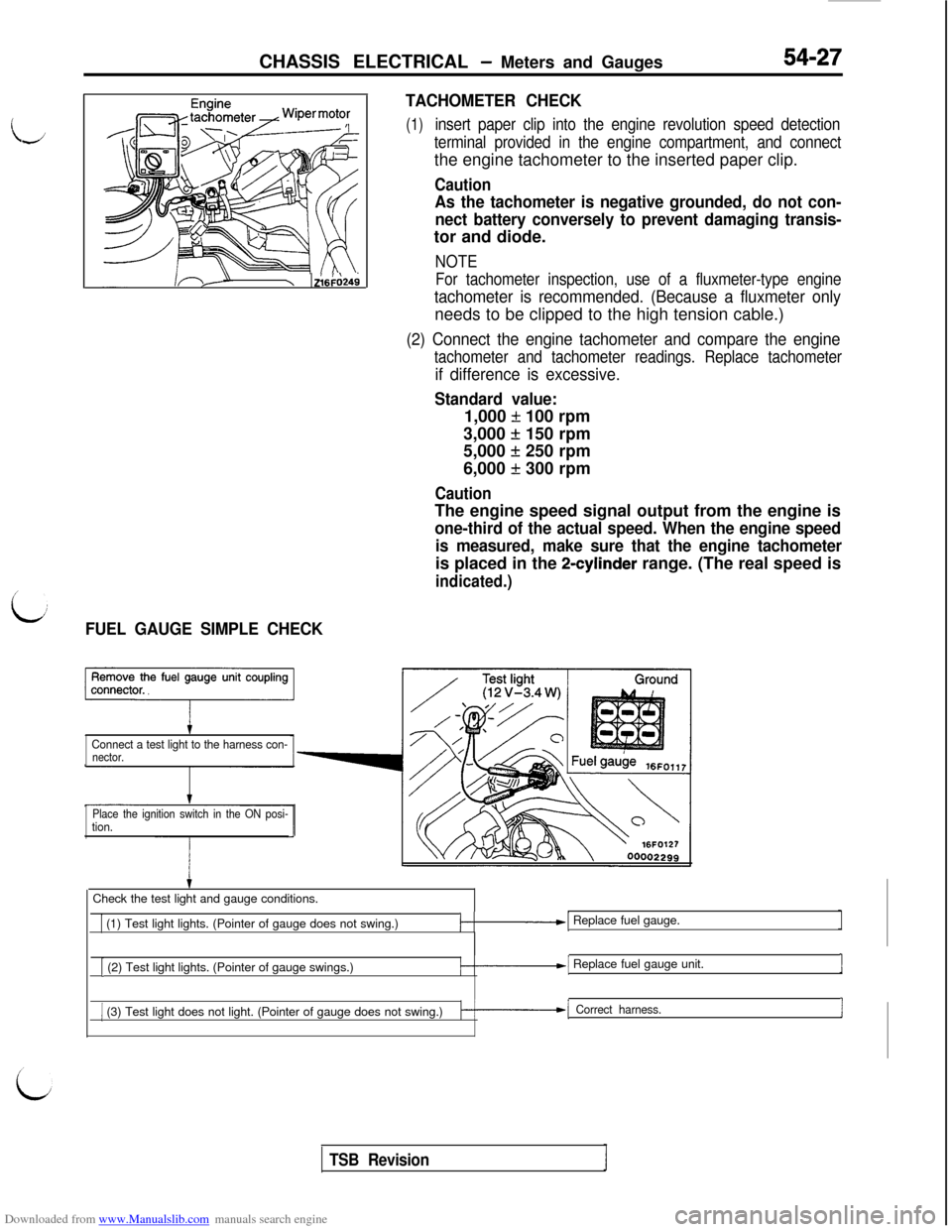 MITSUBISHI 3000GT 1993 2.G Repair Manual Downloaded from www.Manualslib.com manuals search engine I,;CHASSIS ELECTRICAL 
- Meters and Gauges54-27
c I\\ zl6F024;
L:FUEL GAUGE SIMPLE CHECKTACHOMETER CHECK
(1)insert paper clip into the engine r