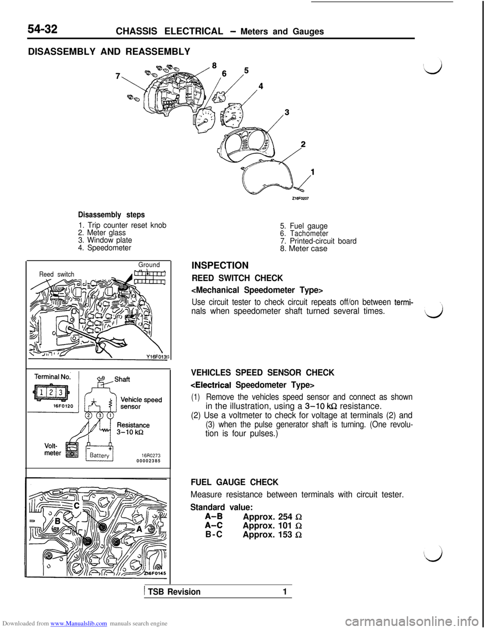 MITSUBISHI 3000GT 1992 2.G Workshop Manual Downloaded from www.Manualslib.com manuals search engine 54-32CHASSIS ELECTRICAL - Meters and Gauges
DISASSEMBLY AND REASSEMBLY
Disassembly steps
1. Trip counter reset knob
2. Meter glass
3. Window pl