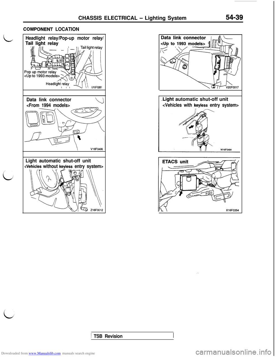 MITSUBISHI 3000GT 1992 2.G Owners Manual Downloaded from www.Manualslib.com manuals search engine CHASSIS ELECTRICAL - Lighting System54-39
ZOMPONENT LOCATION
Headlight relay/Pop-up motor relay/
HeadliiW,$w, q\\ u,6F026,
Data link connector
