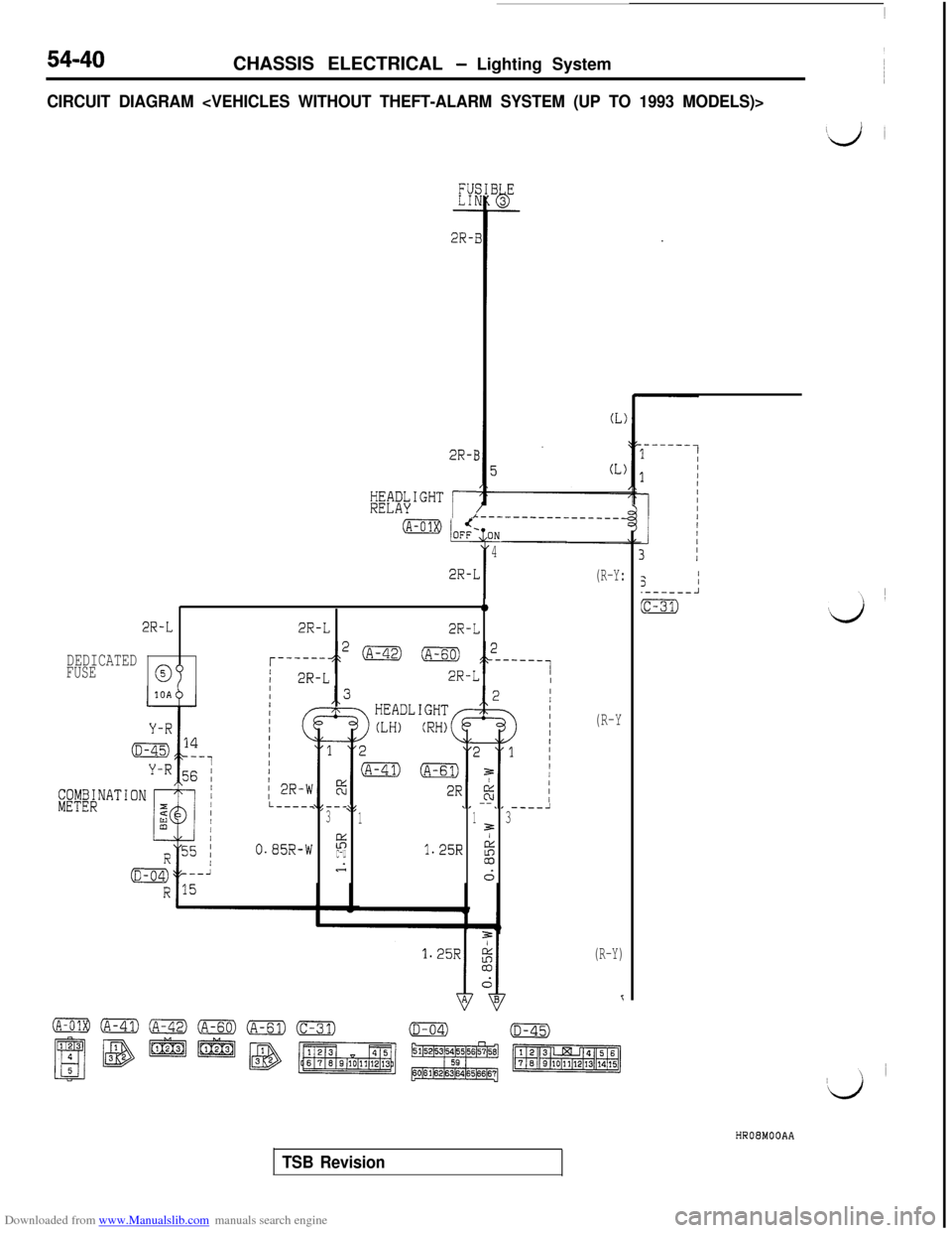 MITSUBISHI 3000GT 1992 2.G Workshop Manual Downloaded from www.Manualslib.com manuals search engine 54-40CHASSIS ELECTRICAL - Lighting System
CIRCUIT DIAGRAM <VEHICLES WITHOUT THEFT-ALARM SYSTEM (UP TO 1993 MODELS)>
F5L-----c--_2,------A31133
MITSUBISHI 3000GT 1992 2.G Workshop Manual Downloaded from www.Manualslib.com manuals search engine 54-40CHASSIS ELECTRICAL - Lighting System
CIRCUIT DIAGRAM <VEHICLES WITHOUT THEFT-ALARM SYSTEM (UP TO 1993 MODELS)>
F5L-----c--_2,------A31133