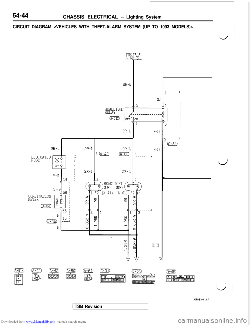MITSUBISHI 3000GT 1992 2.G Workshop Manual Downloaded from www.Manualslib.com manuals search engine 54-44CHASSIS ELECTRICAL - Lighting System
CIRCUIT DIAGRAM <VEHICLES WITH THEFT-ALARM SYSTEM (UP TO 1993 MODELS)>
;;E#ATED
2R-I
r-------II
I
,
/ MITSUBISHI 3000GT 1992 2.G Workshop Manual Downloaded from www.Manualslib.com manuals search engine 54-44CHASSIS ELECTRICAL - Lighting System
CIRCUIT DIAGRAM <VEHICLES WITH THEFT-ALARM SYSTEM (UP TO 1993 MODELS)>
;;E#ATED
2R-I
r-------II
I
,
/