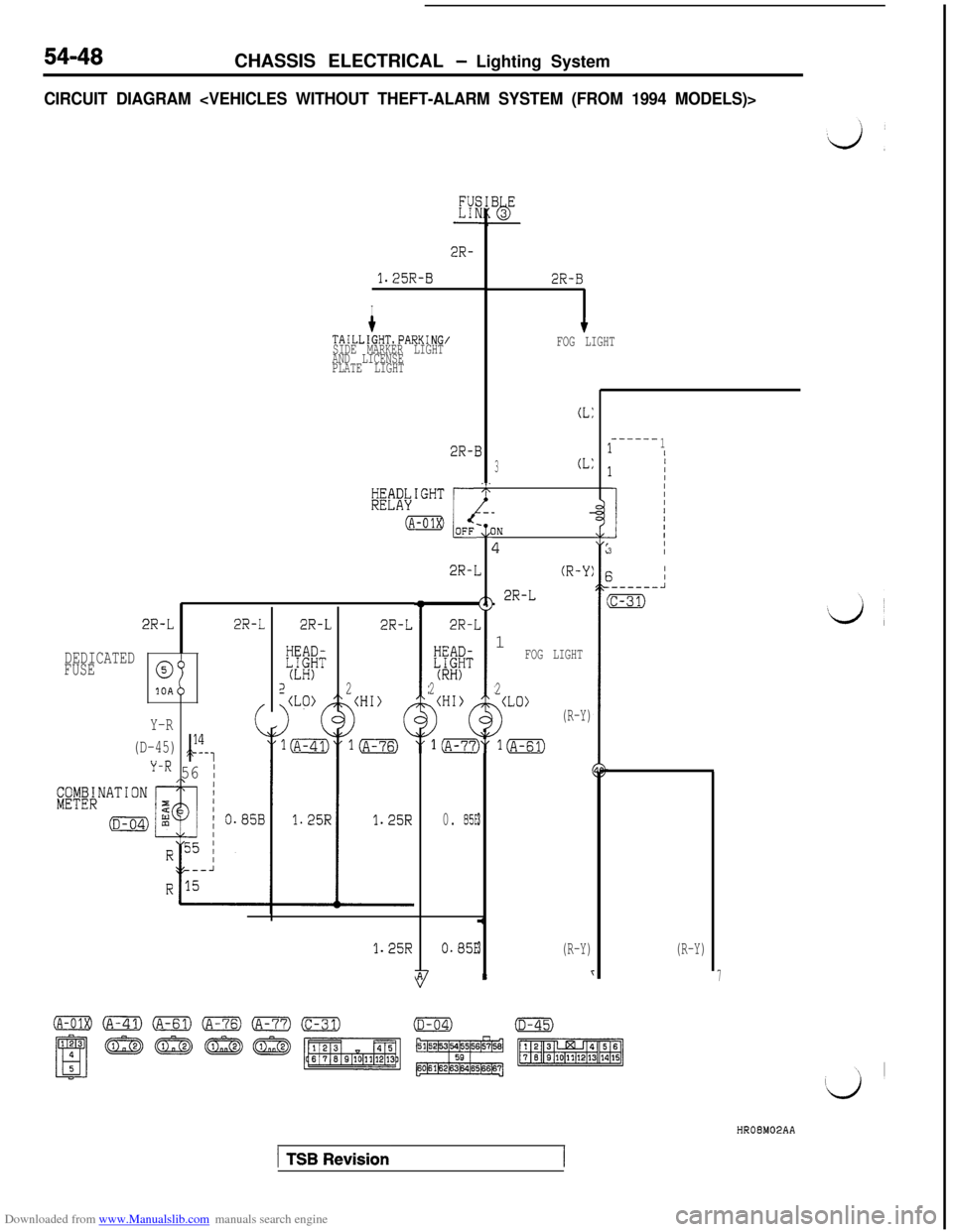 MITSUBISHI 3000GT 1993 2.G Manual PDF Downloaded from www.Manualslib.com manuals search engine 54-48CHASSIS ELECTRICAL - Lighting System
CIRCUIT DIAGRAM <VEHICLES WITHOUT THEFT-ALARM SYSTEM (FROM 1994 MODELS)>
2R-L
DEDICATEDFUSE0
10A
Y-R
