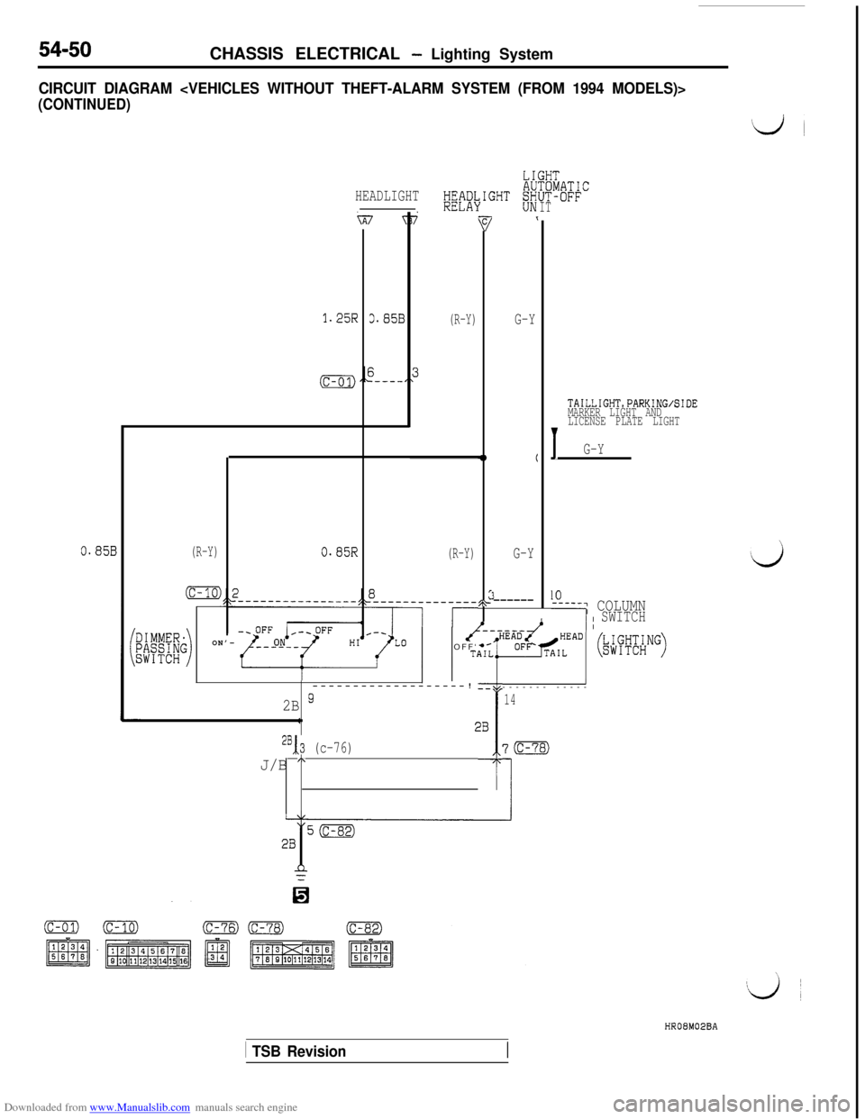 MITSUBISHI 3000GT 1996 2.G Repair Manual Downloaded from www.Manualslib.com manuals search engine 54-50CHASSIS ELECTRICAL - Lighting System
CIRCUIT DIAGRAM <VEHICLES WITHOUT THEFT-ALARM SYSTEM (FROM 1994 MODELS)>
(CONTINUED)
0.85E
HEADLIGHT!