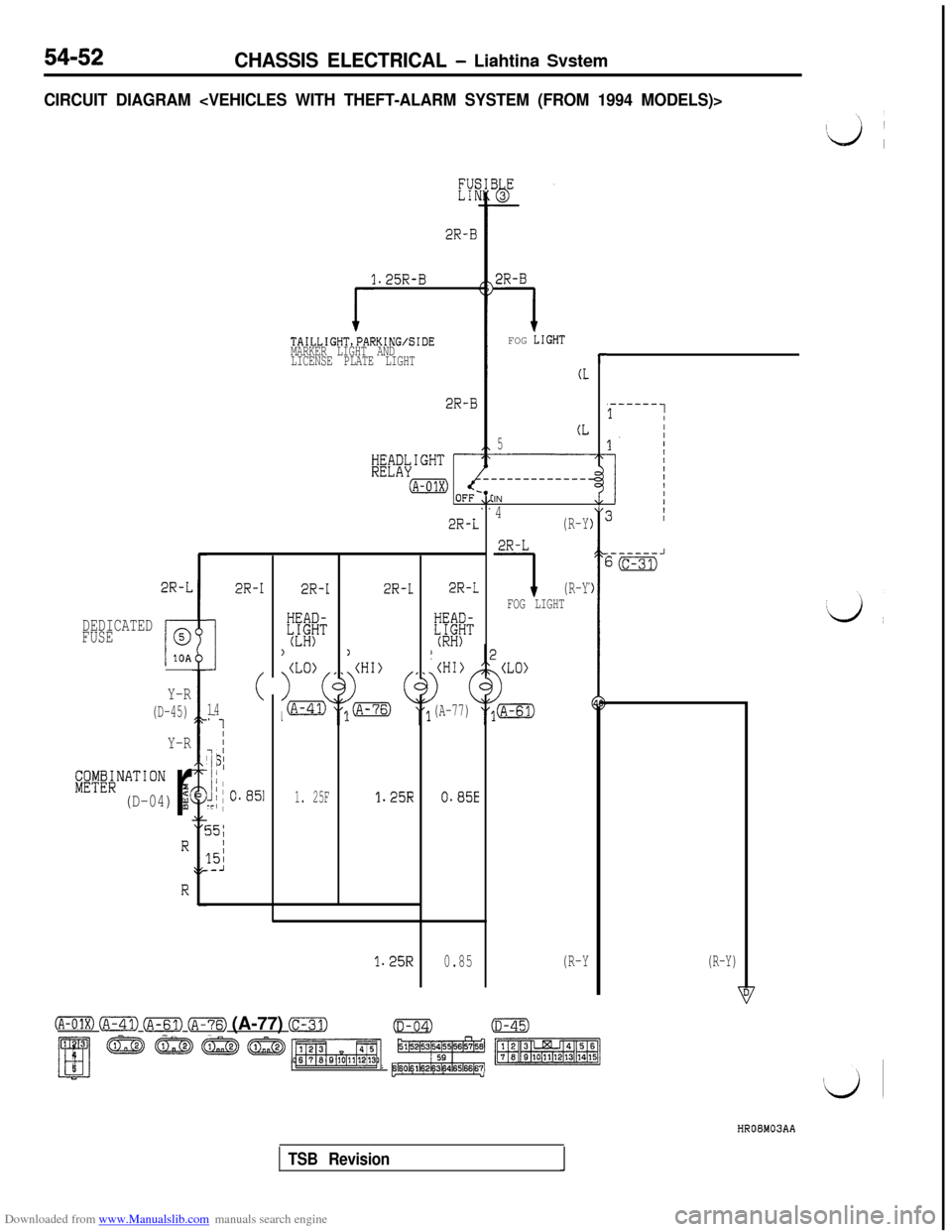 MITSUBISHI 3000GT 1992 2.G Workshop Manual Downloaded from www.Manualslib.com manuals search engine CHASSIS ELECTRICAL - Liahtina Svstem
CIRCUIT DIAGRAM <VEHICLES WITH THEFT-ALARM SYSTEM (FROM 1994 MODELS)>
2R-L
DEDICATED
FUSE
i
0
10A
Y-R
(D-4