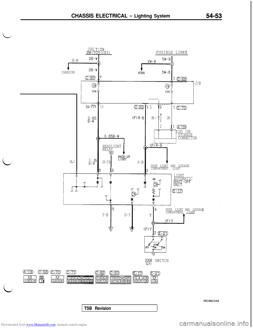 MITSUBISHI 3000GT 1995 2.G Service Manual Downloaded from www.Manualslib.com manuals search engine CHASSIS ELECTRICAL - Lighting System54-53
IGNISWIT
B-W2B-
CHARGING
(L)
r_c
A-
I(c-77:
0. 8!B-W
,
FUSIBLE LINK@
16(c-8c
(F)R-
0.85B-W
HEADLIGHT
