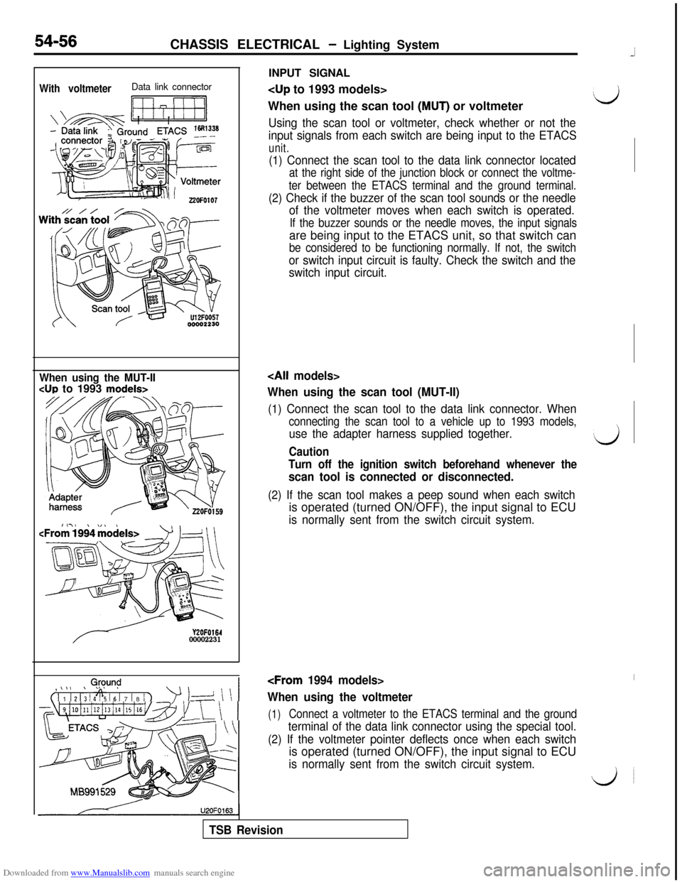 MITSUBISHI 3000GT 1992 2.G Owners Manual Downloaded from www.Manualslib.com manuals search engine INPUT SIGNALWith voltmeterData link connector
Ii ri7-11<Up to 1993 models>
When using the scan tool (MUT) or voltmeter‘d
Using the scan tool MITSUBISHI 3000GT 1992 2.G Owners Manual Downloaded from www.Manualslib.com manuals search engine INPUT SIGNALWith voltmeterData link connector
Ii ri7-11<Up to 1993 models>
When using the scan tool (MUT) or voltmeter‘d
Using the scan tool