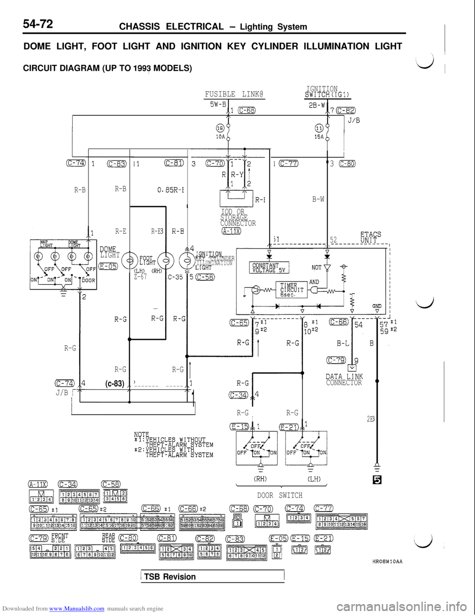 MITSUBISHI 3000GT 1992 2.G Workshop Manual Downloaded from www.Manualslib.com manuals search engine 54-72CHASSIS ELECTRICAL - Lighting System
DOME LIGHT, FOOT LIGHT AND IGNITION KEY CYLINDER ILLUMINATION LIGHT
CIRCUIT DIAGRAM (UP TO 
1993 MODE