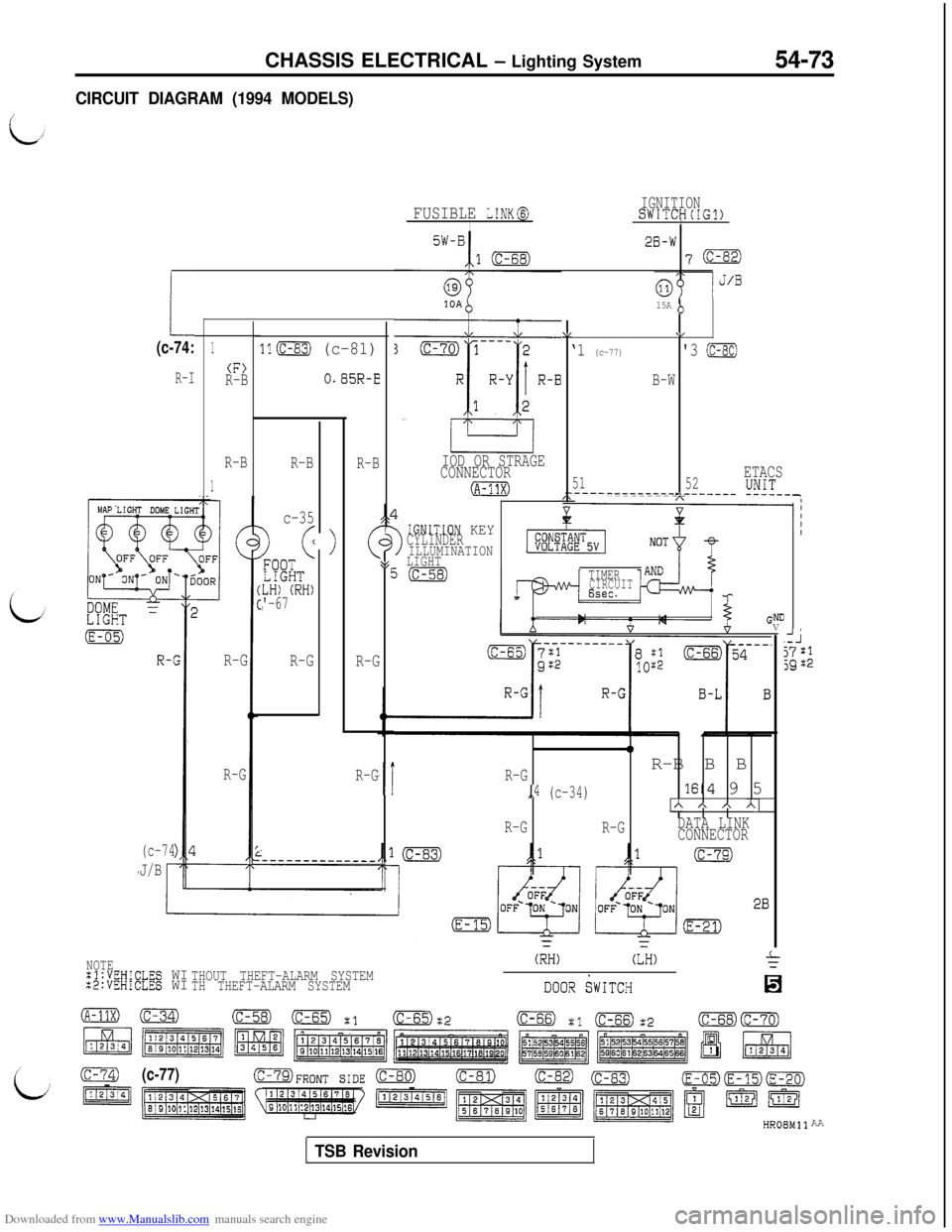 MITSUBISHI 3000GT 1996 2.G Repair Manual Downloaded from www.Manualslib.com manuals search engine CHASSIS ELECTRICAL - Lighting System
CIRCUIT DIAGRAM (1994 MODELS)54-73
IGNITIONSWITCH(IG1)IFUSIBLE L!NK@I5W-B2B-W
107m
1.
IOD OR STRAGE
CONNEC