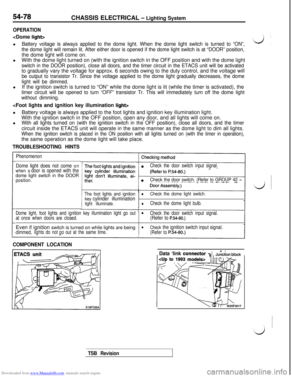 MITSUBISHI 3000GT 1992 2.G Owners Guide Downloaded from www.Manualslib.com manuals search engine 54-78CHASSIS ELECTRICAL - Lighting System
OPERATION<Dome
light>l
Battery voltage is always applied to the dome light. When the dome light swit MITSUBISHI 3000GT 1992 2.G Owners Guide Downloaded from www.Manualslib.com manuals search engine 54-78CHASSIS ELECTRICAL - Lighting System
OPERATION<Dome
light>l
Battery voltage is always applied to the dome light. When the dome light swit