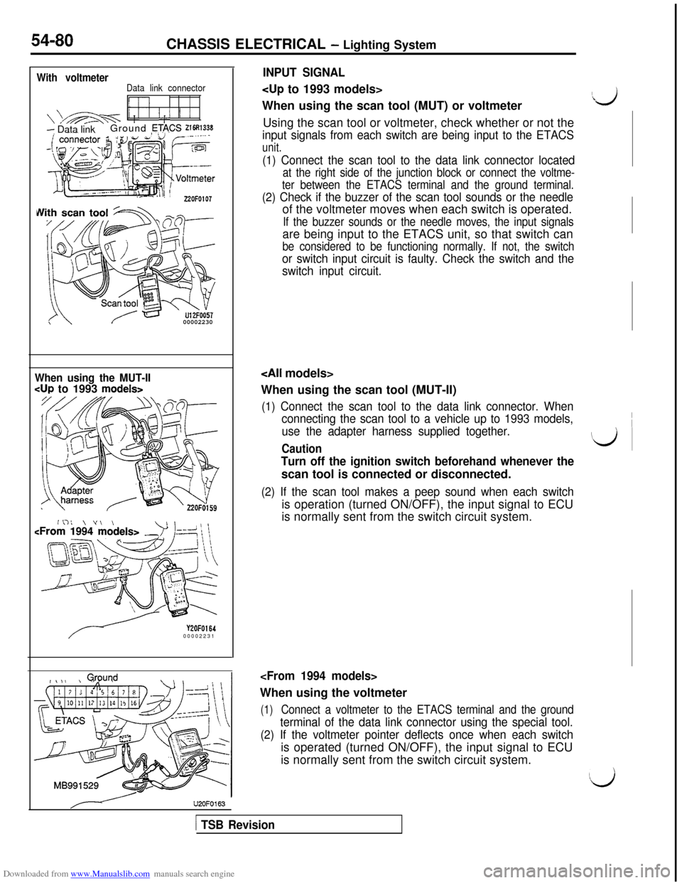 MITSUBISHI 3000GT 1992 2.G Owners Guide Downloaded from www.Manualslib.com manuals search engine With voltmeterData link connector
’‘:’ ’ ’- Data linkGround ETA,CS 21~33300002230
54-80CHASSIS ELECTRICAL - Lighting System
INPUT SIG MITSUBISHI 3000GT 1992 2.G Owners Guide Downloaded from www.Manualslib.com manuals search engine With voltmeterData link connector
’‘:’ ’ ’- Data linkGround ETA,CS 21~33300002230
54-80CHASSIS ELECTRICAL - Lighting System
INPUT SIG