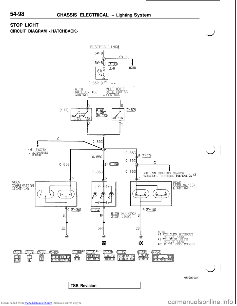 MITSUBISHI 3000GT 1992 2.G Workshop Manual Downloaded from www.Manualslib.com manuals search engine 54-98CHASSIS ELECTRICAL - Lighting System
STOP LIGHT
CIRCUIT DIAGRAM <HATCHBACK>L)
FUSIBLE LINK@
0.85R-B ‘7 (c-83)
WITHE;$FiEFUISEIWITHOUT
_ MITSUBISHI 3000GT 1992 2.G Workshop Manual Downloaded from www.Manualslib.com manuals search engine 54-98CHASSIS ELECTRICAL - Lighting System
STOP LIGHT
CIRCUIT DIAGRAM <HATCHBACK>L)
FUSIBLE LINK@
0.85R-B ‘7 (c-83)
WITHE;$FiEFUISEIWITHOUT
_