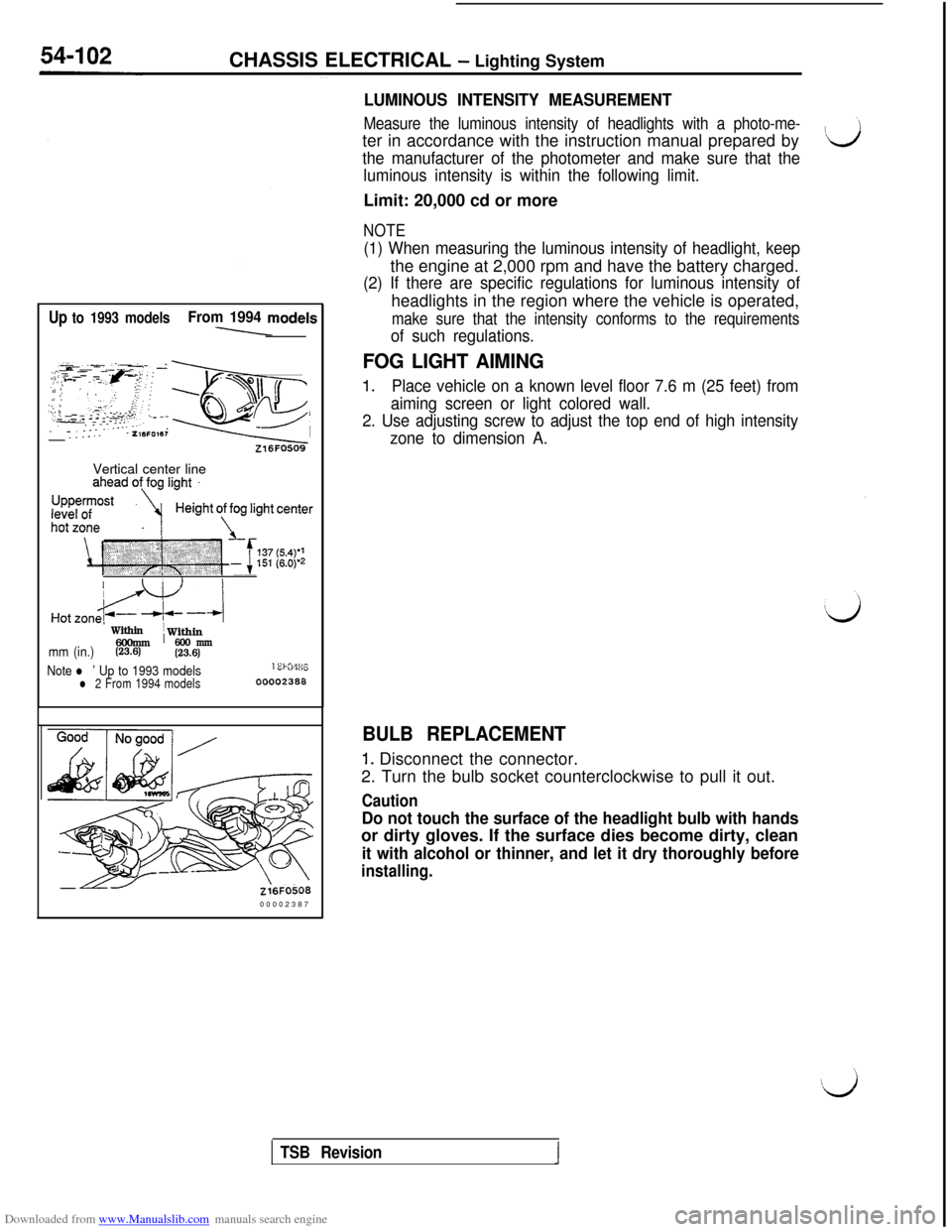 MITSUBISHI 3000GT 1994 2.G Workshop Manual Downloaded from www.Manualslib.com manuals search engine CHASSIS ELECTRICAL - Lighting System
Up to 1993 modelsFrom 1994 mod&
__ _..--.
Vertical center lineZ16FO509
JHot 
z&ky M-j’ Within~ Within600