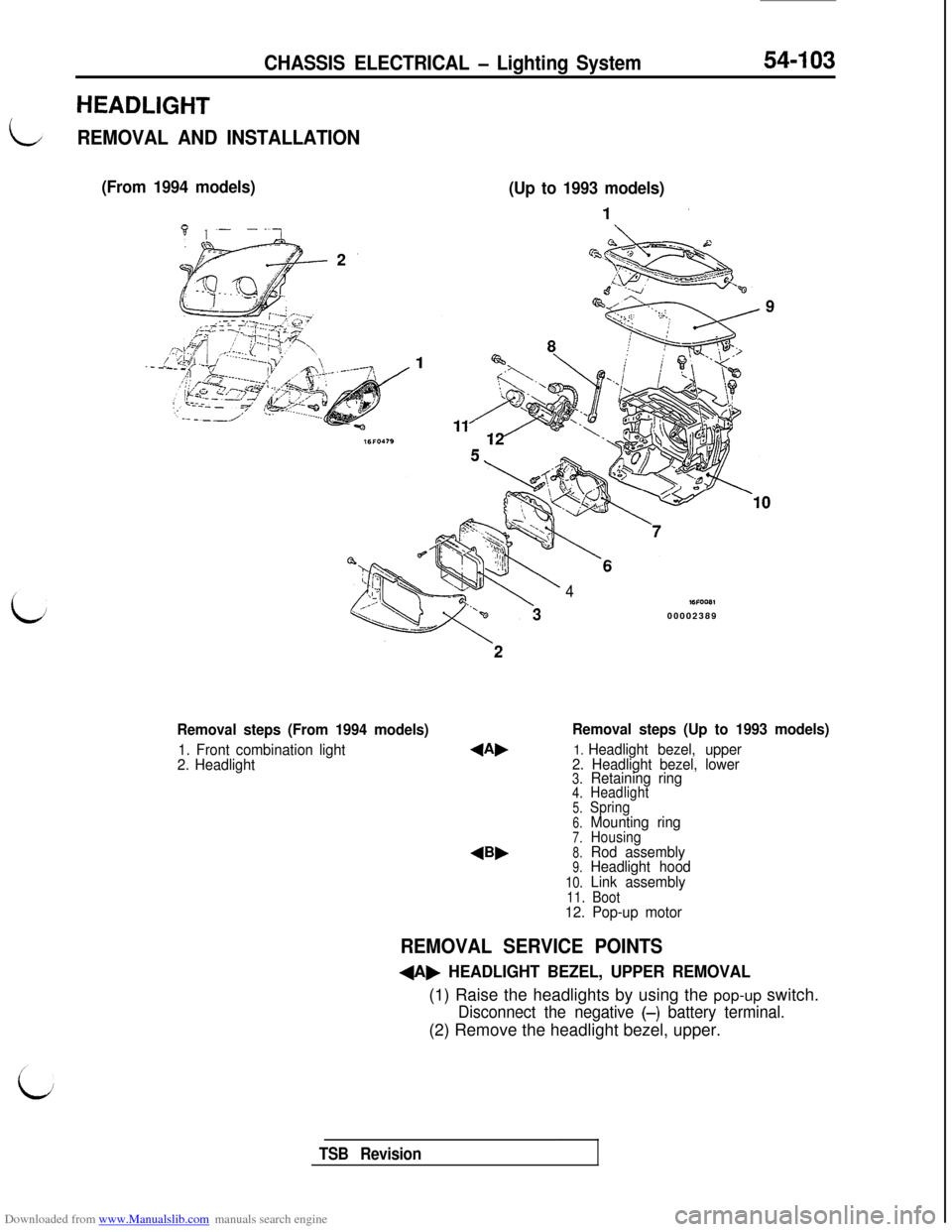 MITSUBISHI 3000GT 1992 2.G Workshop Manual Downloaded from www.Manualslib.com manuals search engine HEADLIGHT
CHASSIS ELECTRICAL - Lighting System54-103
REMOVAL AND INSTALLATION
(From 1994 models)
(Up to 1993 models)
Removal steps (From 1994 m