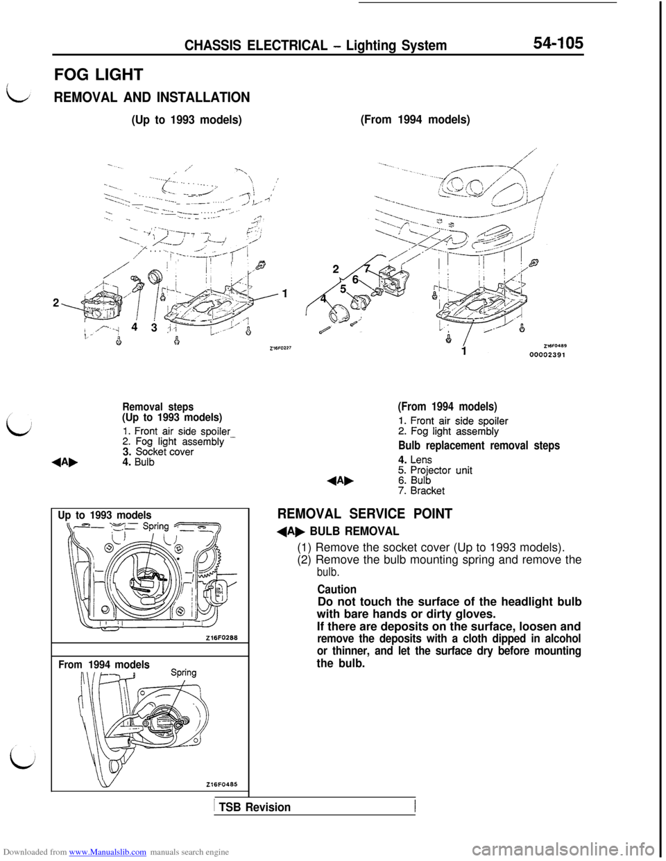 MITSUBISHI 3000GT 1993 2.G Workshop Manual Downloaded from www.Manualslib.com manuals search engine CHASSIS ELECTRICAL - Lighting System54-105FOG LIGHT
REMOVAL AND INSTALLATION
(Up to 1993 models)
,’
..-.-f .- . . .._ 1’yI’-’--.._ . . 