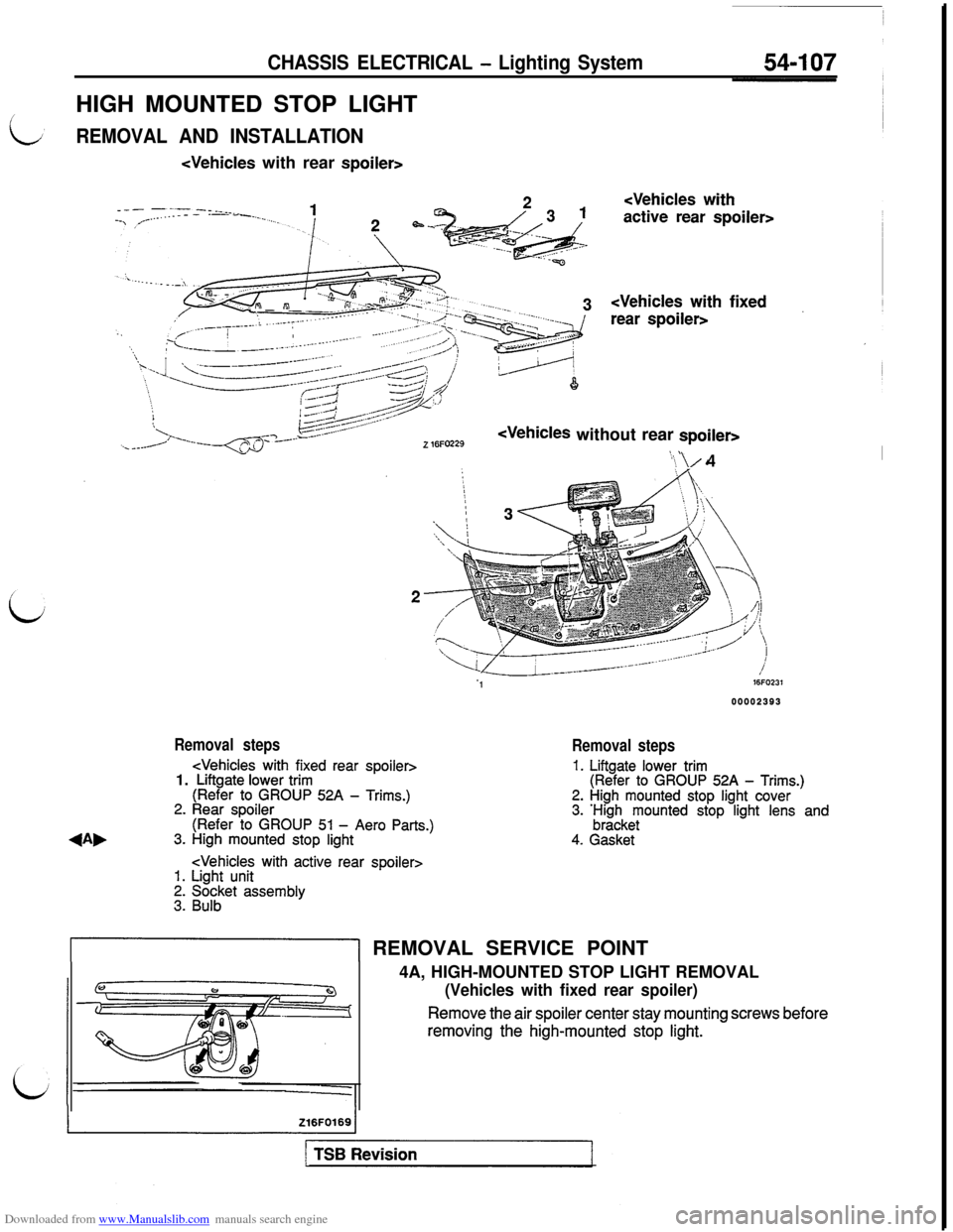 MITSUBISHI 3000GT 1992 2.G Workshop Manual Downloaded from www.Manualslib.com manuals search engine CHASSIS ELECTRICAL - Lighting SystemHIGH MOUNTED STOP LIGHT
REMOVAL AND INSTALLATION
<Vehicles with rear spoiler>
Z 16FO229Z 16FO229<Vehicles w MITSUBISHI 3000GT 1992 2.G Workshop Manual Downloaded from www.Manualslib.com manuals search engine CHASSIS ELECTRICAL - Lighting SystemHIGH MOUNTED STOP LIGHT
REMOVAL AND INSTALLATION
<Vehicles with rear spoiler>
Z 16FO229Z 16FO229<Vehicles w