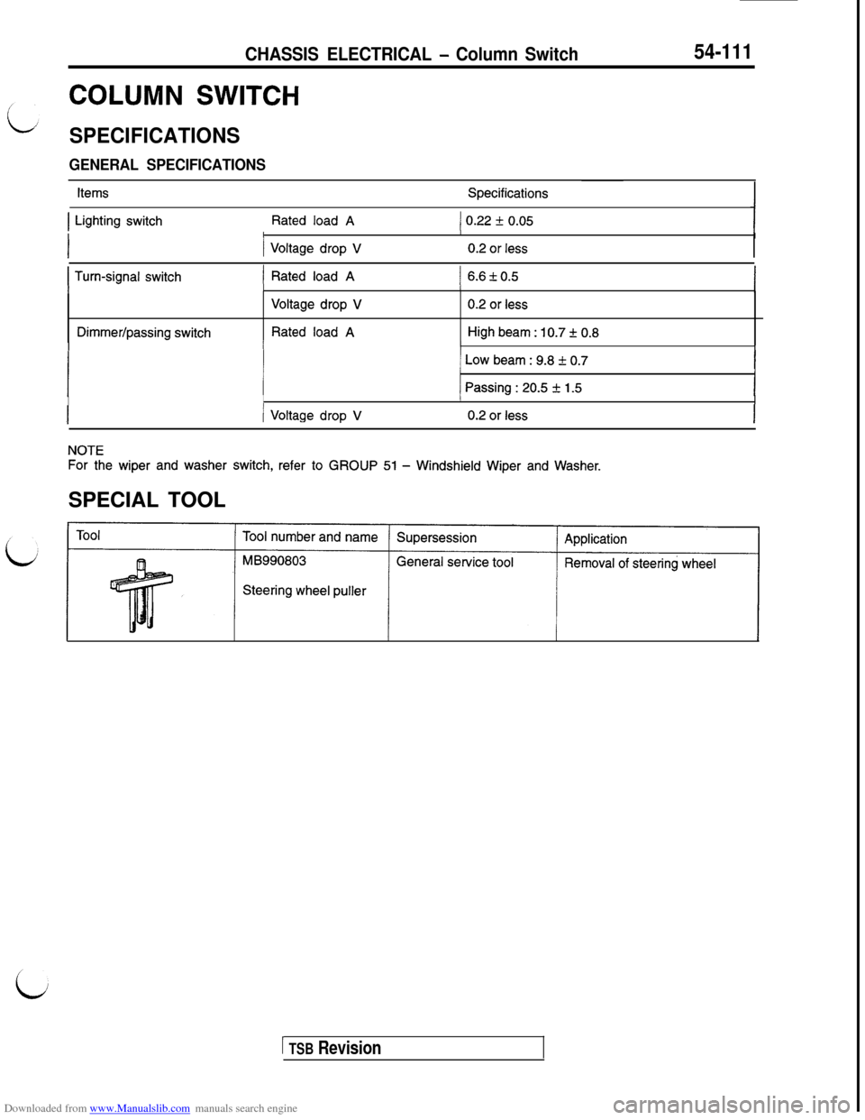 MITSUBISHI 3000GT 1992 2.G Workshop Manual Downloaded from www.Manualslib.com manuals search engine CHASSIS ELECTRICAL - Column Switch
COLUMN SWITCH
SPECIFICATIONS
GENERAL SPECIFICATIONS
54-111
ItemsSpecifications
1 Lighting switchRated load A MITSUBISHI 3000GT 1992 2.G Workshop Manual Downloaded from www.Manualslib.com manuals search engine CHASSIS ELECTRICAL - Column Switch
COLUMN SWITCH
SPECIFICATIONS
GENERAL SPECIFICATIONS
54-111
ItemsSpecifications
1 Lighting switchRated load A