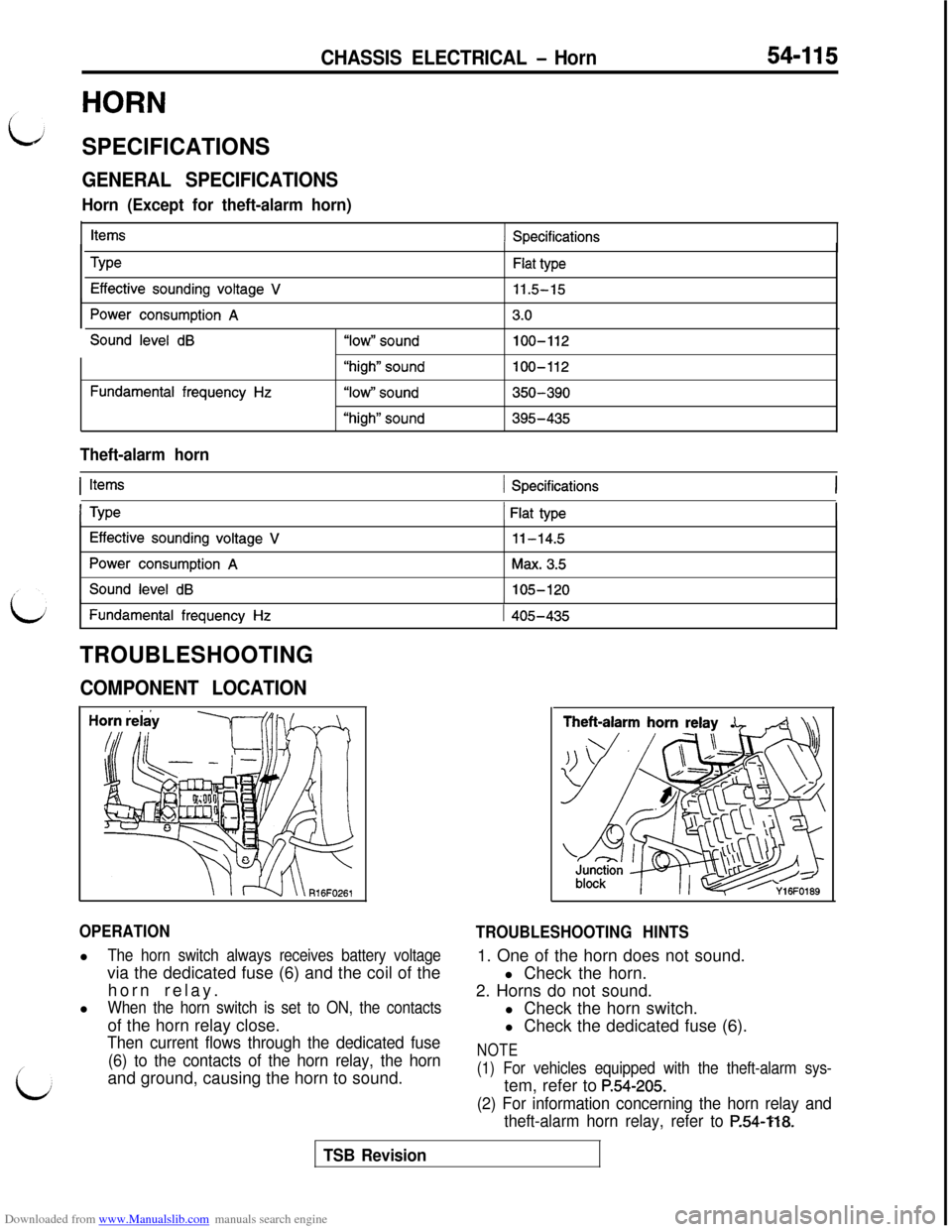 MITSUBISHI 3000GT 1992 2.G Workshop Manual Downloaded from www.Manualslib.com manuals search engine CHASSIS ELECTRICAL - Horn54-115
HORN
SPECIFICATIONS
GENERAL SPECIFICATIONS
Horn (Except for theft-alarm horn)
ItemsI Specifications
Type
Effect MITSUBISHI 3000GT 1992 2.G Workshop Manual Downloaded from www.Manualslib.com manuals search engine CHASSIS ELECTRICAL - Horn54-115
HORN
SPECIFICATIONS
GENERAL SPECIFICATIONS
Horn (Except for theft-alarm horn)
ItemsI Specifications
Type
Effect