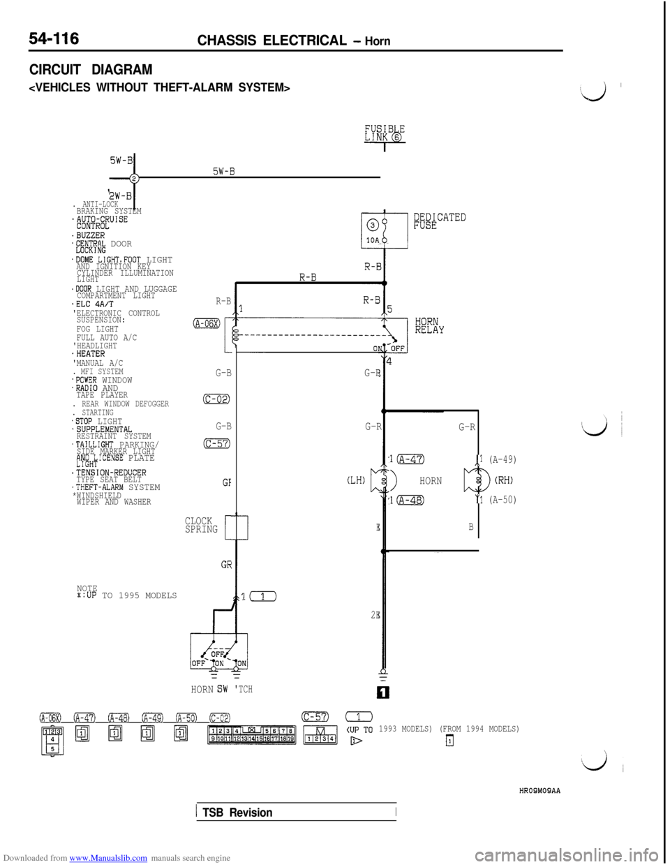 MITSUBISHI 3000GT 1992 2.G Workshop Manual Downloaded from www.Manualslib.com manuals search engine 54-116CHASSIS ELECTRICAL - Horn
CIRCUIT DIAGRAM
<VEHICLES WITHOUT THEFT-ALARM SYSTEM>
c
5W-B;;-j
. ANTI-LOCKBRAKING SYSTEM*&$@lJUISE
.BUZZER*E; MITSUBISHI 3000GT 1992 2.G Workshop Manual Downloaded from www.Manualslib.com manuals search engine 54-116CHASSIS ELECTRICAL - Horn
CIRCUIT DIAGRAM
<VEHICLES WITHOUT THEFT-ALARM SYSTEM>
c
5W-B;;-j
. ANTI-LOCKBRAKING SYSTEM*&$@lJUISE
.BUZZER*E;