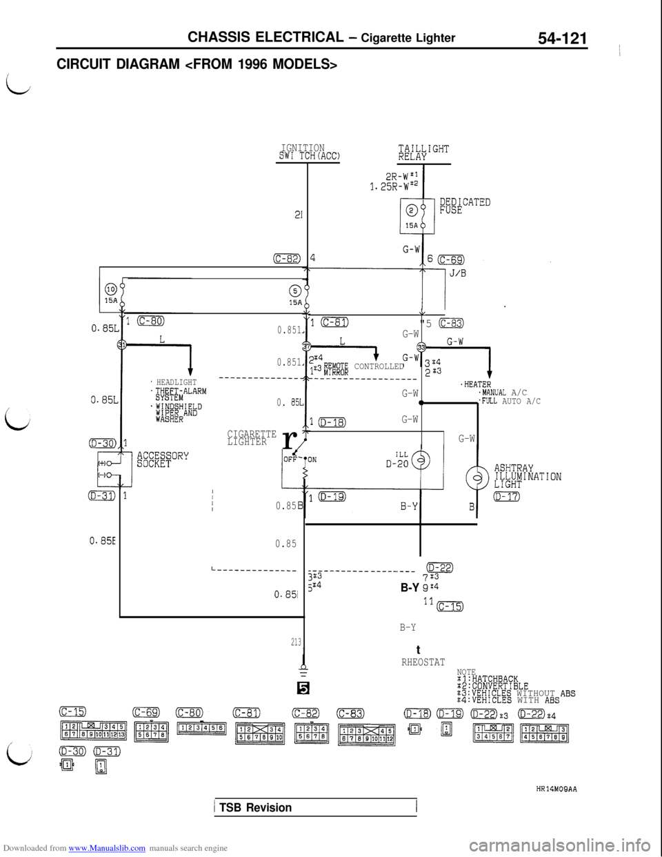 MITSUBISHI 3000GT 1992 2.G Workshop Manual Downloaded from www.Manualslib.com manuals search engine CHASSIS ELECTRICAL - Cigarette Lighter
54-121 ~
I
CIRCUIT DIAGRAM <FROM 1996 MODELS>i
L
IGNITIONSW1 TCH(AC0;&I""
I
;&$CATED
21
(c-82)
015A
0.8