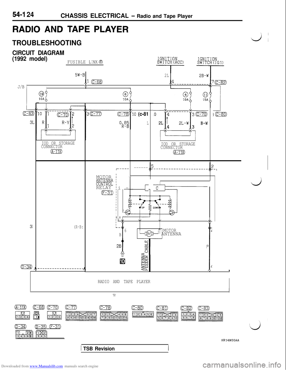 MITSUBISHI 3000GT 1992 2.G Workshop Manual Downloaded from www.Manualslib.com manuals search engine 54-I 24CHASSIS ELECTRICAL - Radio and Tape Player
RADIO AND TAPE PLAYERL.1
TROUBLESHOOTING
CIRCUIT DIAGRAM
(1992 model)
FUSIBLE LINKa
5W-B2L2B-