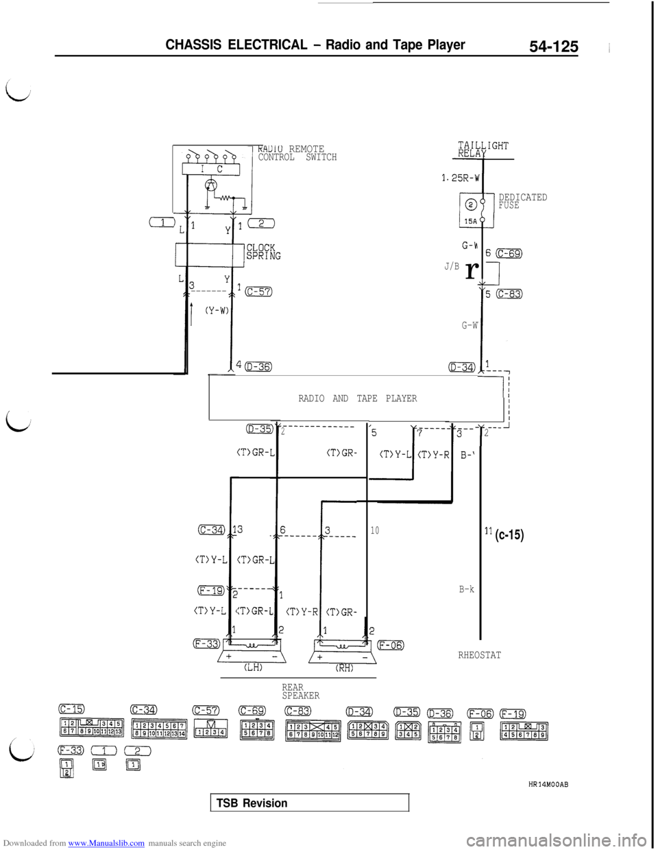 MITSUBISHI 3000GT 1992 2.G Workshop Manual Downloaded from www.Manualslib.com manuals search engine CHASSIS ELECTRICAL - Radio and Tape Player54-125 ~
,IGHTKHUIU REMOTECONTROL SWITCH
*LA‘1REL/
1.25R-\I
-l
DEDICATEDFUSE
c
-------
G-h
J/BrS(c-