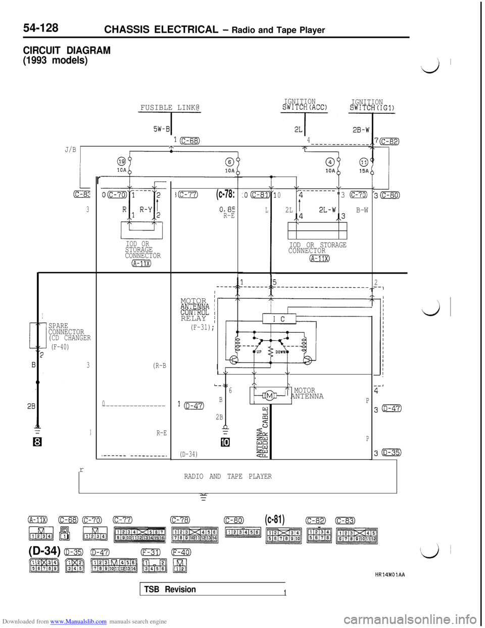 MITSUBISHI 3000GT 1995 2.G Owners Guide Downloaded from www.Manualslib.com manuals search engine 54-128CHASSIS ELECTRICAL - Radio and Tape Player
CIRCUIT DIAGRAM
(1993 models)
’ I
d
FUSIBLE LINK@
J-
IGNITIONSWITCH(ACC)IGNITIONSWITCH(IG1)
