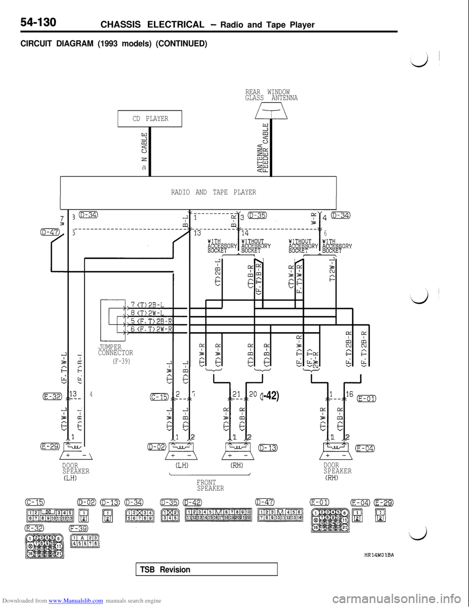 MITSUBISHI 3000GT 1996 2.G User Guide Downloaded from www.Manualslib.com manuals search engine 54-130CHASSIS ELECTRICAL - Radio and Tape Player
CIRCUIT DIAGRAM (1993 models) (CONTINUED)
REAR WINDOW
GLASS ANTENNA
/\
CD PLAYER/T\YYzz
~ciz
E