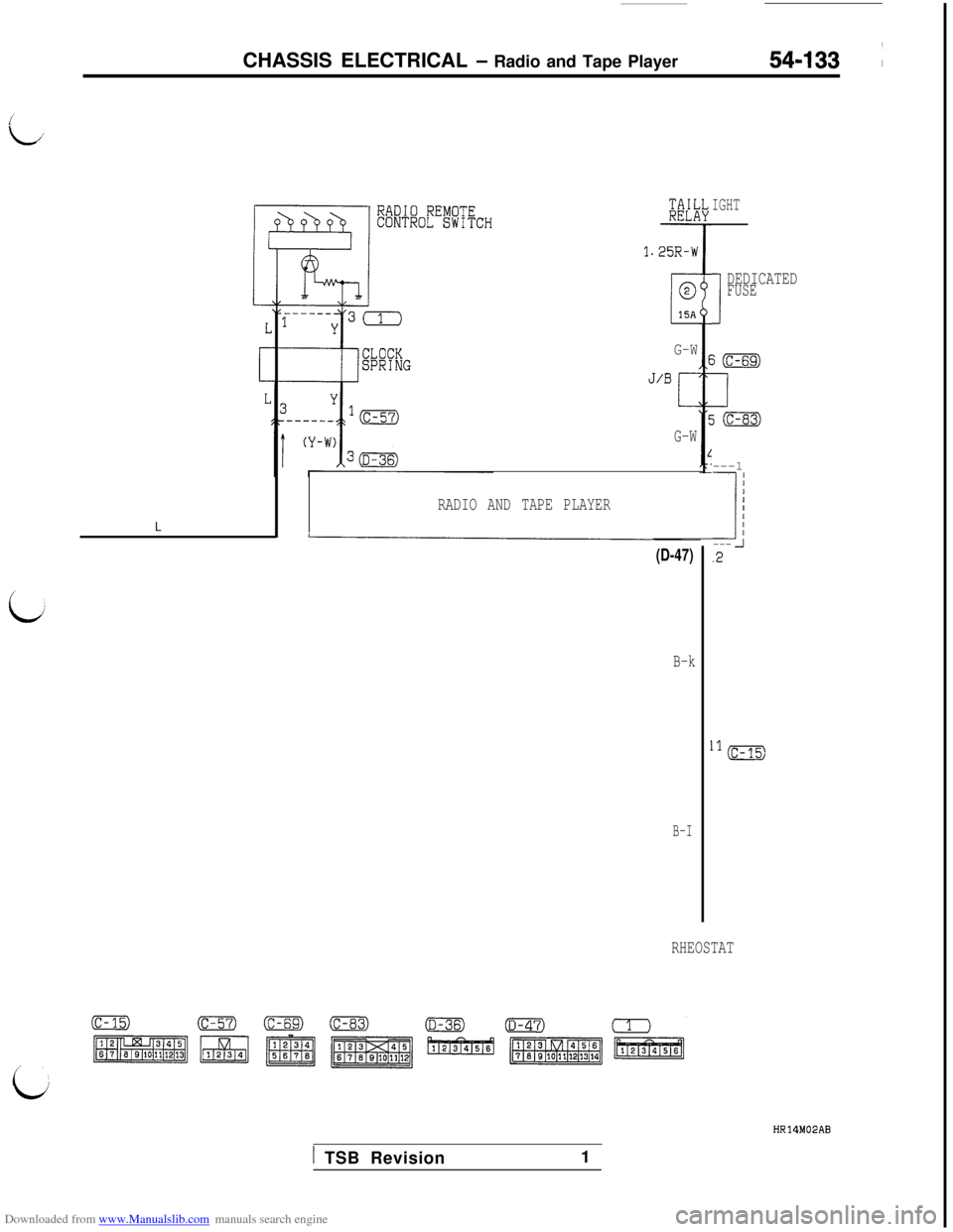 MITSUBISHI 3000GT 1995 2.G Owners Guide Downloaded from www.Manualslib.com manuals search engine iCHASSIS ELECTRICAL 
- Radio and Tape Player54-133 ~
L
RADIO AND TAPE PLAYER
1.25R-W
G-W
G-W
(D-47)
B-k
B-I
IGHT
I
DEDICATEDFUSE---1
11---_;.2
