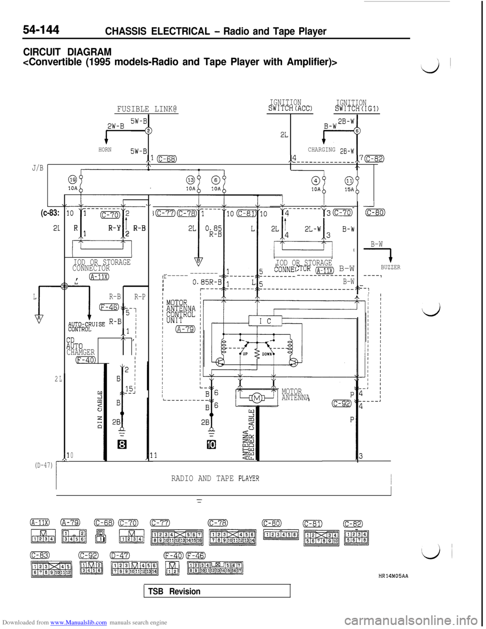 MITSUBISHI 3000GT 1992 2.G Workshop Manual Downloaded from www.Manualslib.com manuals search engine 54-144CHASSIS ELECTRICAL - Radio and Tape Player
CIRCUIT DIAGRAM
<Convertible (1995 models-Radio and Tape Player with Amplifier)>\
d’
FUSIBLE